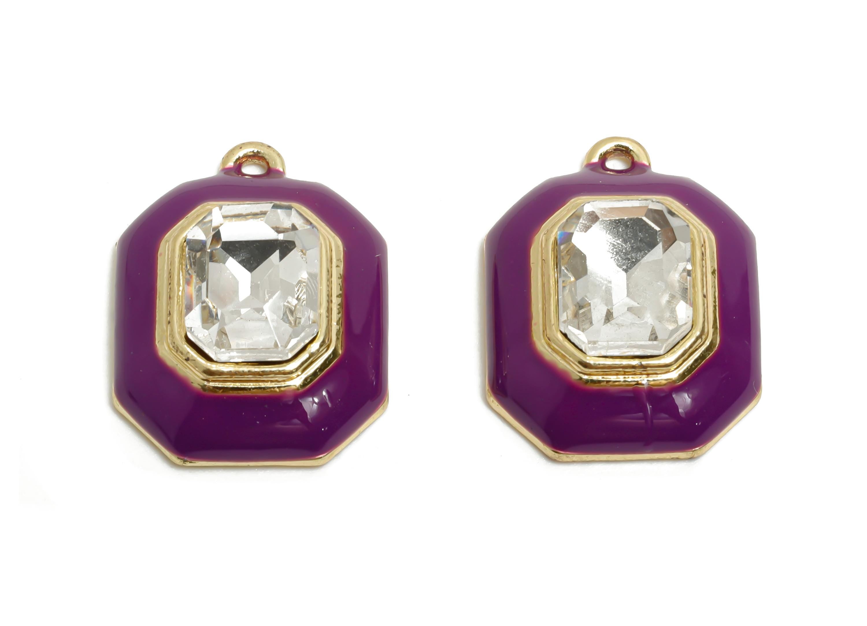 Alloy Octagon Pendant - Purple Enamel Crystal Charm for Necklace - Dainty Geometric Charm for Jewelry - KC Gold Plated - 22x17x8mm - AC3543E - DOMEDBAZAAR