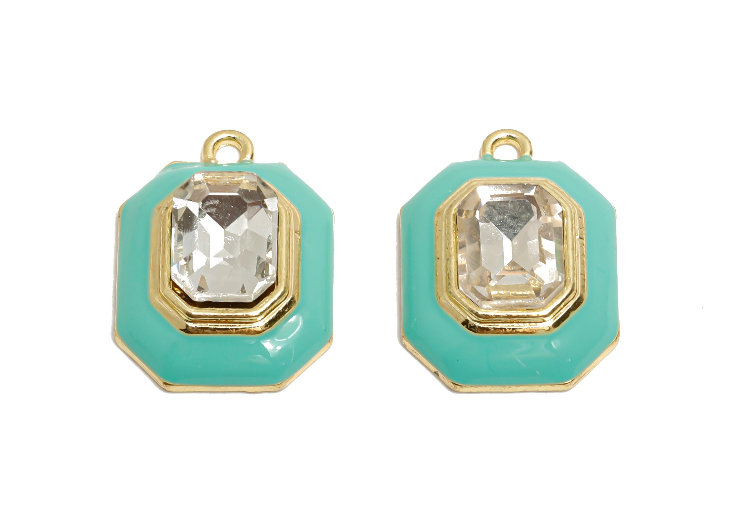 Alloy Octagon Pendant - Green Enamel Crystal Charm for Necklace - Dainty Geometric Charm for Jewelry - KC Gold Plated - 22x17x8mm - AC3543G - DOMEDBAZAAR