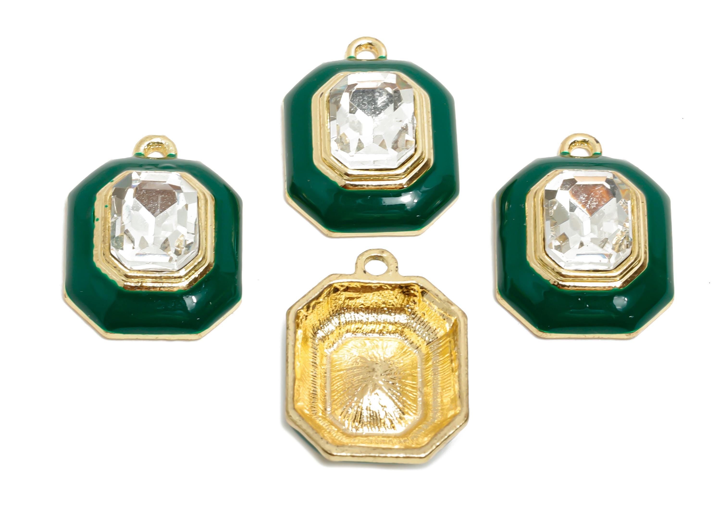 Alloy Octagon Pendant - Green Enamel Crystal Charm for Necklace - Dainty Geometric Charm for Jewelry - KC Gold Plated - 22x17x8mm - AC3543J - DOMEDBAZAAR