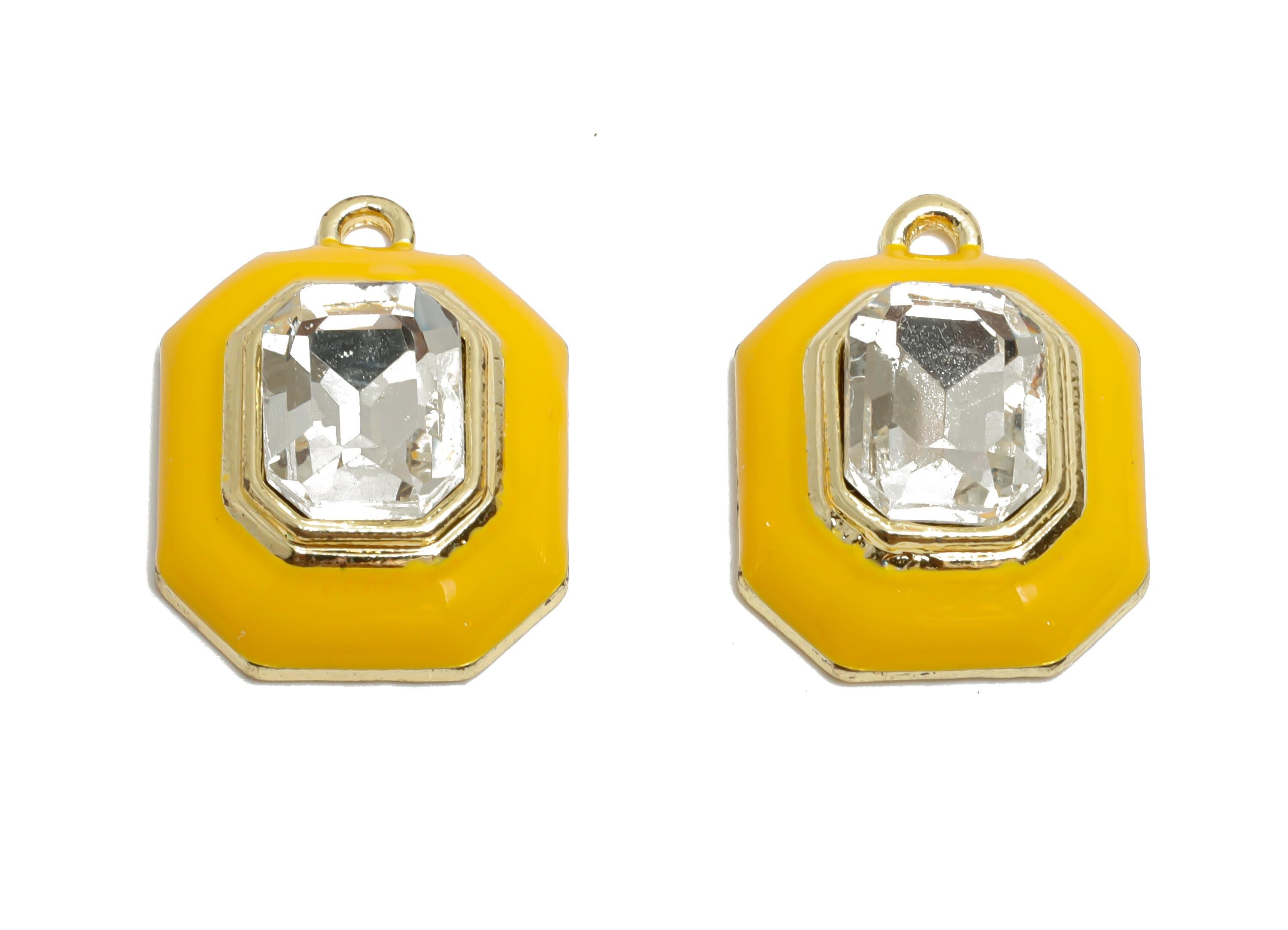 Alloy Octagon Pendant - Yellow Enamel Crystal Charm for Necklace - Dainty Geometric Charm for Jewelry - KC Gold Plated - 22x17x8mm - AC3543K - DOMEDBAZAAR