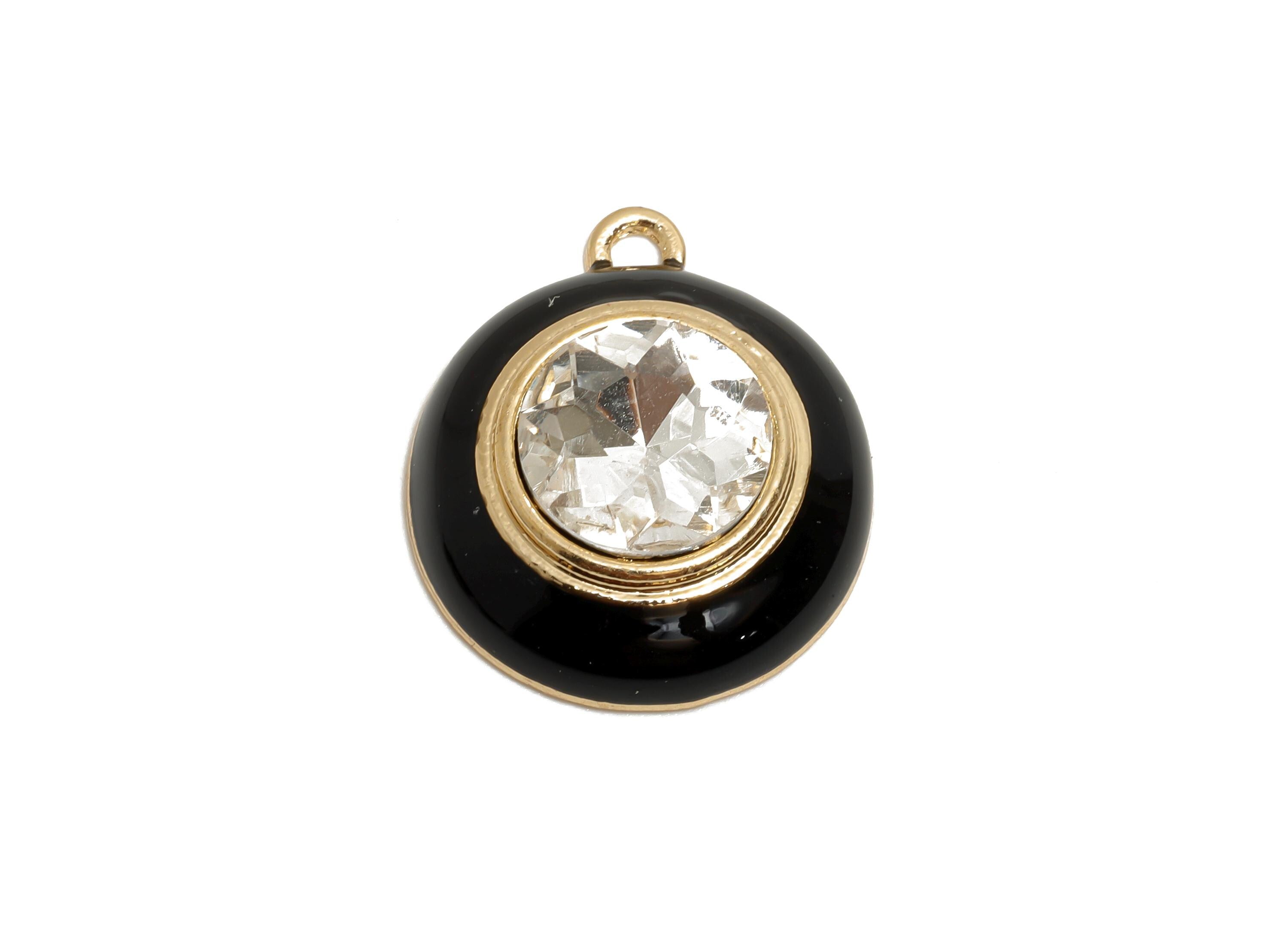 Alloy Round Crystal Pendant - Black Enamel Necklace Component - Elegant Geometric Charm for Jewelry - KC Gold Plated - 22x18x7mm - AC3542A - DOMEDBAZAAR