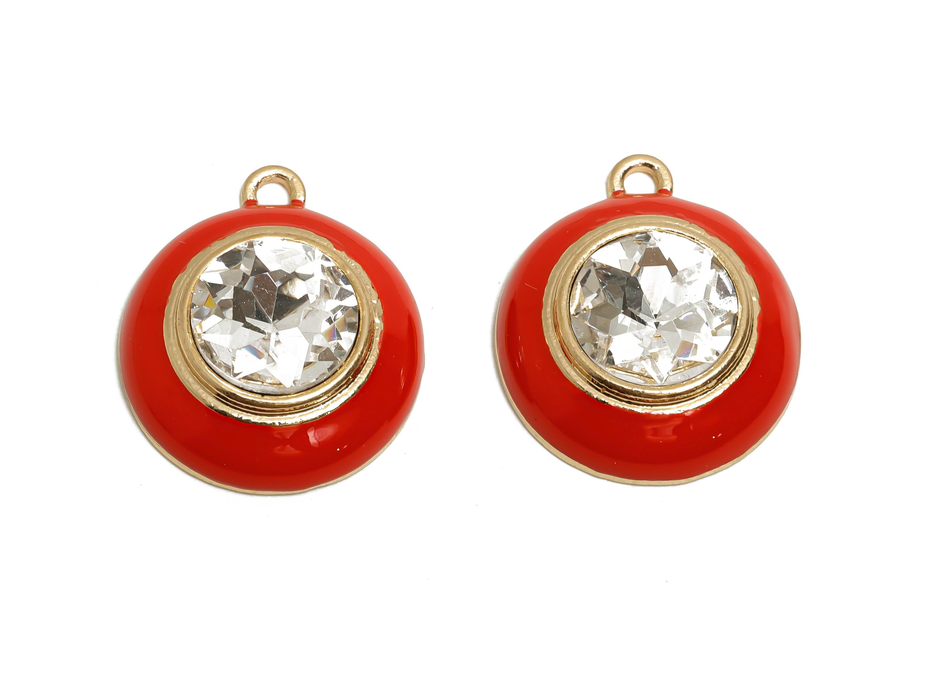 Alloy Round Crystal Pendant - Red Enamel Necklace Component - Elegant Geometric Charm for Jewelry - KC Gold Plated - 22x18x7mm - AC3542B - DOMEDBAZAAR