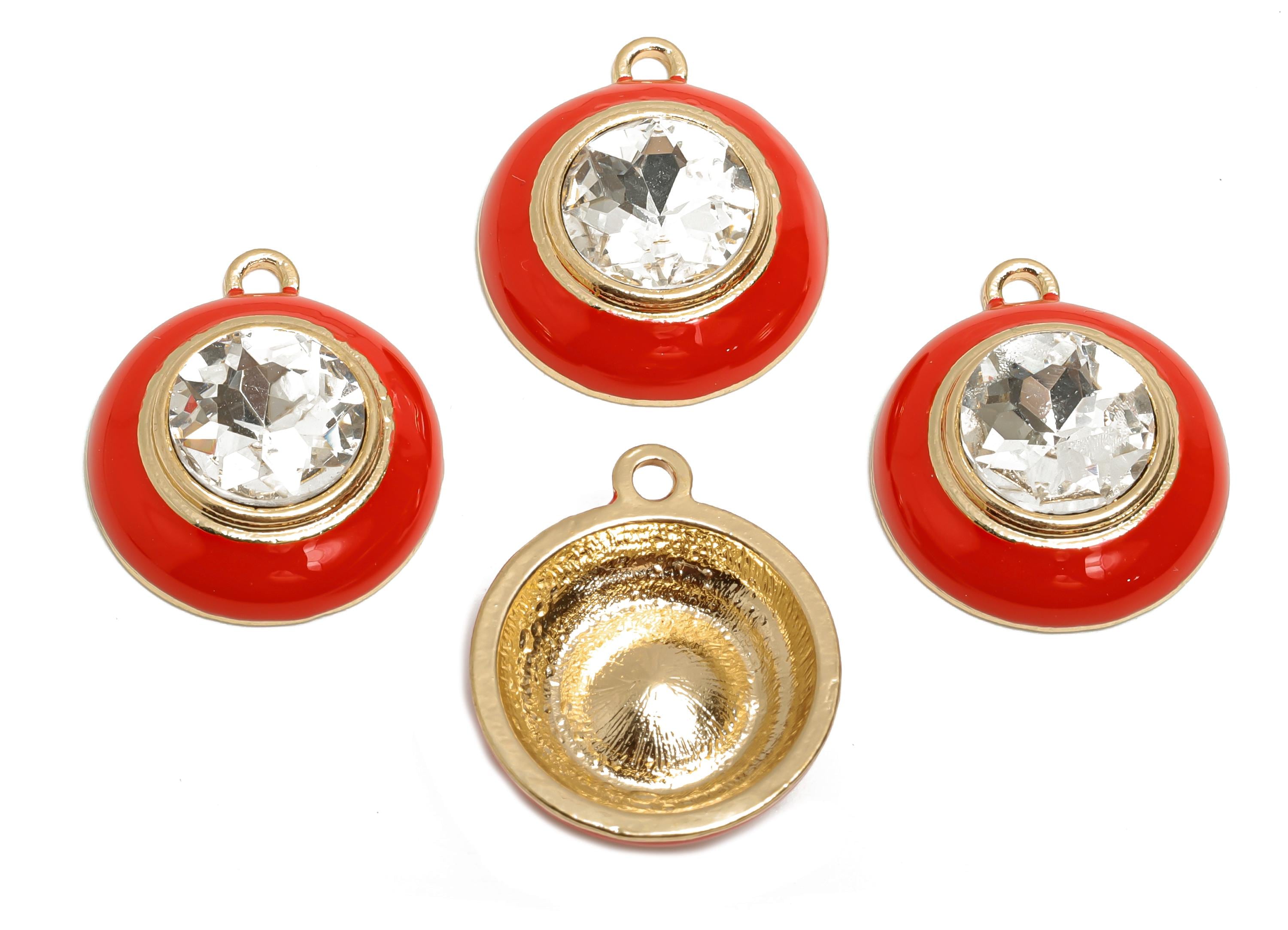 Alloy Round Crystal Pendant - Red Enamel Necklace Component - Elegant Geometric Charm for Jewelry - KC Gold Plated - 22x18x7mm - AC3542B - DOMEDBAZAAR