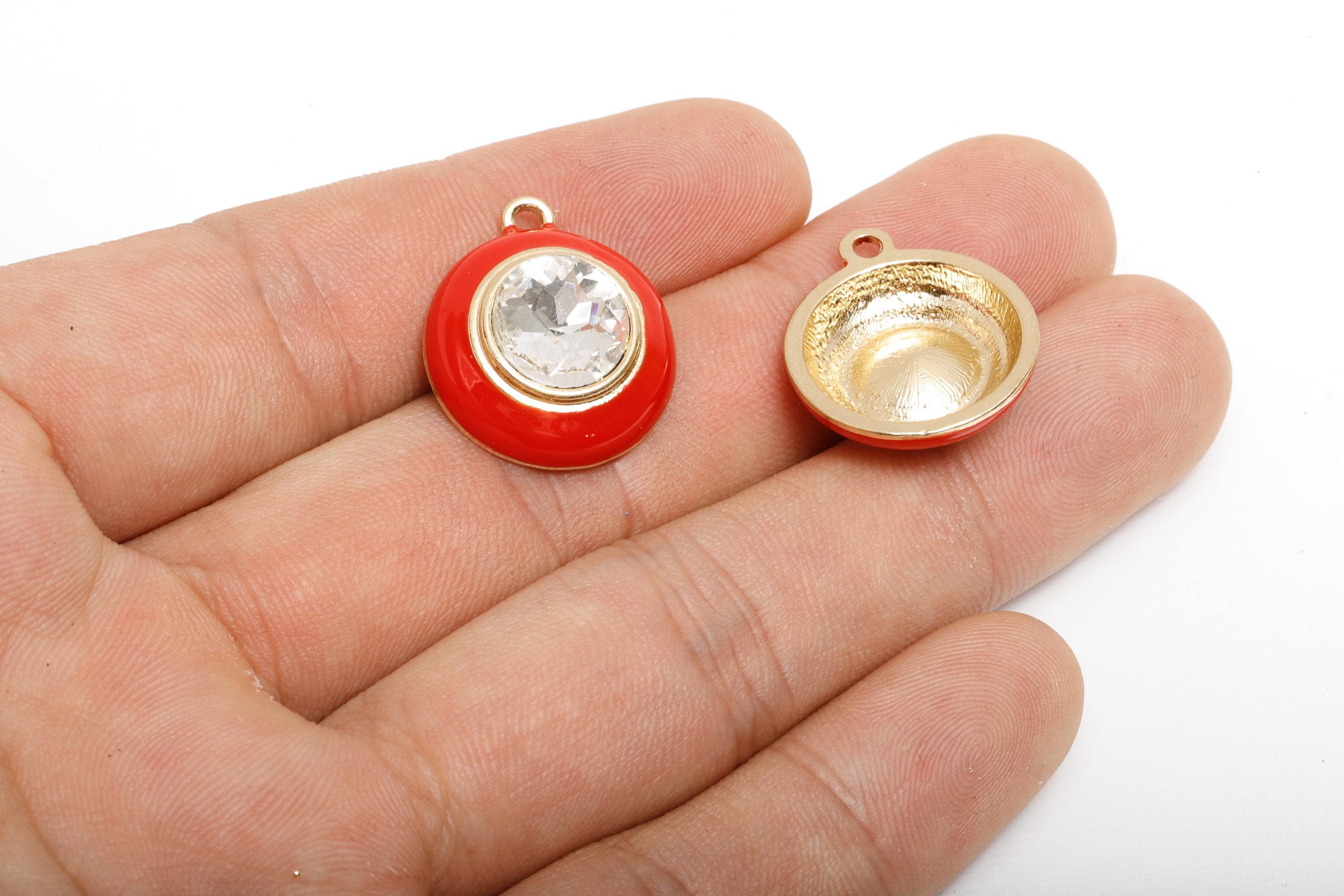 Alloy Round Crystal Pendant - Red Enamel Necklace Component - Elegant Geometric Charm for Jewelry - KC Gold Plated - 22x18x7mm - AC3542B - DOMEDBAZAAR