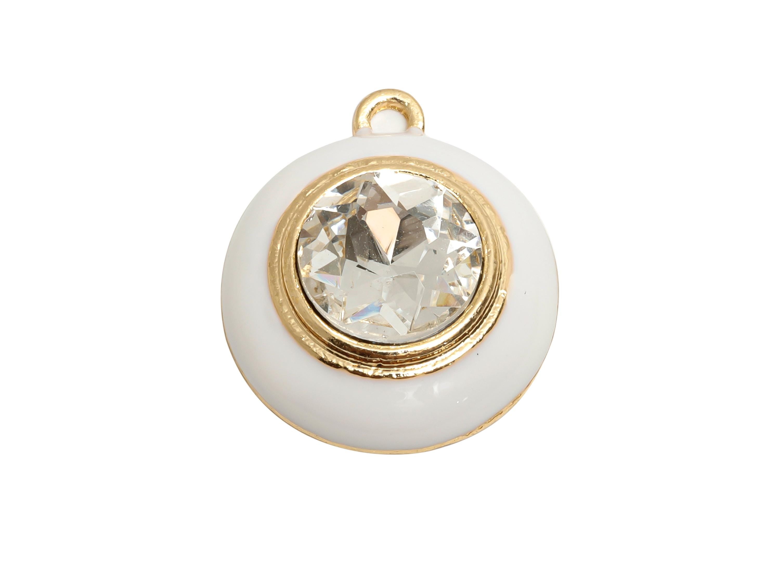 Alloy Round Crystal Pendant - White Enamel Necklace Component - Elegant Geometric Charm for Jewelry - KC Gold Plated - 22x18x7mm - AC3542C - DOMEDBAZAAR