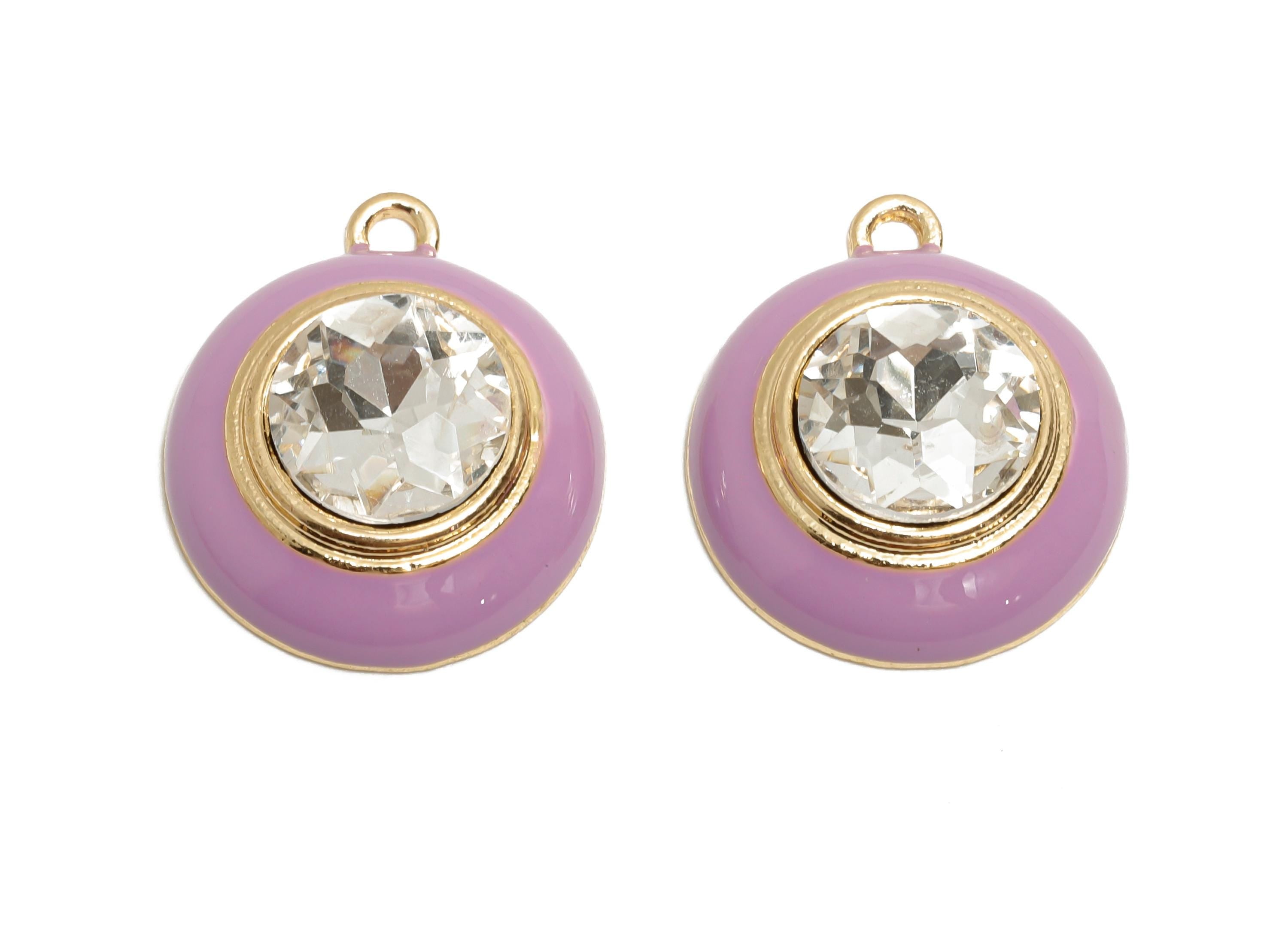 Alloy Round Crystal Pendant - Purple Enamel Necklace Component - Elegant Geometric Charm for Jewelry - KC Gold Plated - 22x18x7mm - AC3542E - DOMEDBAZAAR