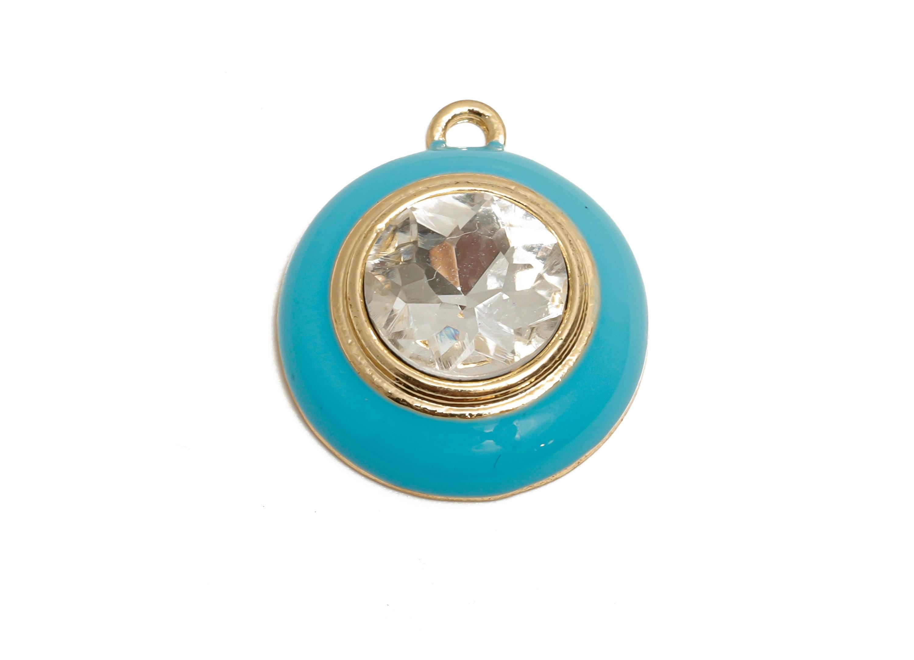 Alloy Round Crystal Pendant - Blue Enamel Necklace Component - Elegant Geometric Charm for Jewelry - KC Gold Plated - 22x18x7mm - AC3542F - DOMEDBAZAAR