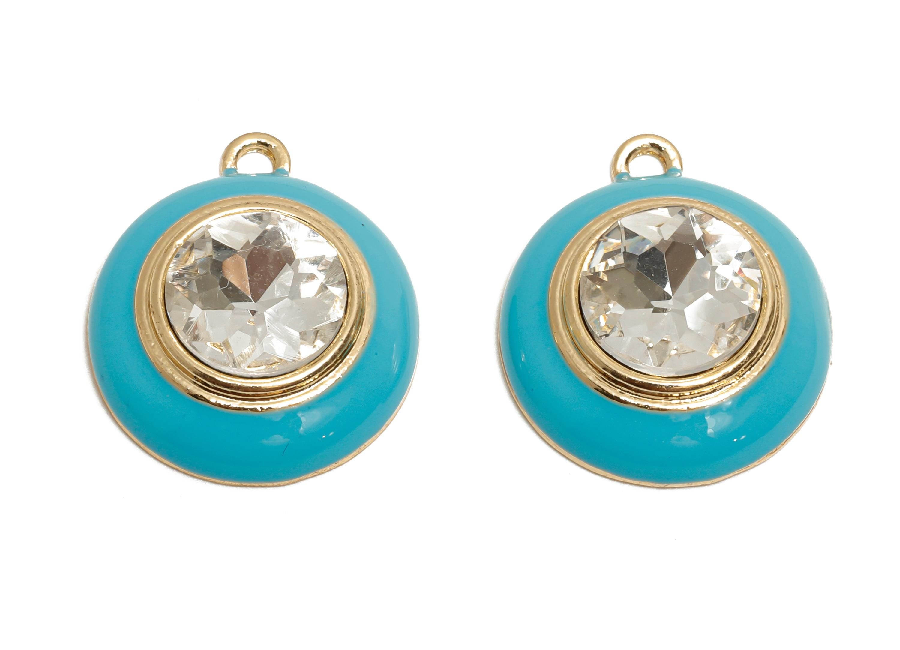Alloy Round Crystal Pendant - Blue Enamel Necklace Component - Elegant Geometric Charm for Jewelry - KC Gold Plated - 22x18x7mm - AC3542F - DOMEDBAZAAR