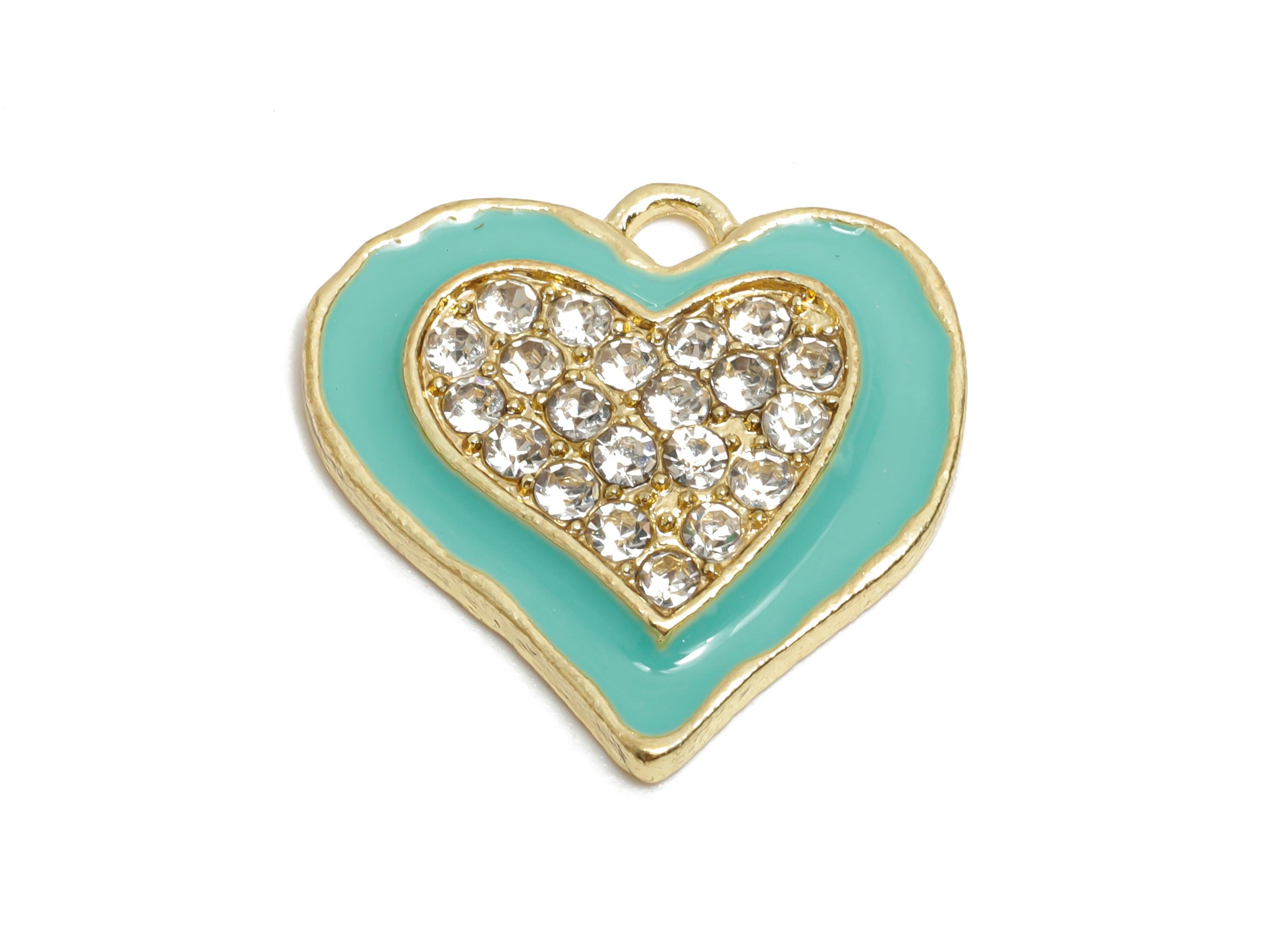 Alloy Enamel Heart Charm - Colorful Crystal Heart Green Jewelry - Sparkling Heart Accessory - Metal Craft Jewelry Making - 20x19x3mm-AC3522C - DOMEDBAZAAR