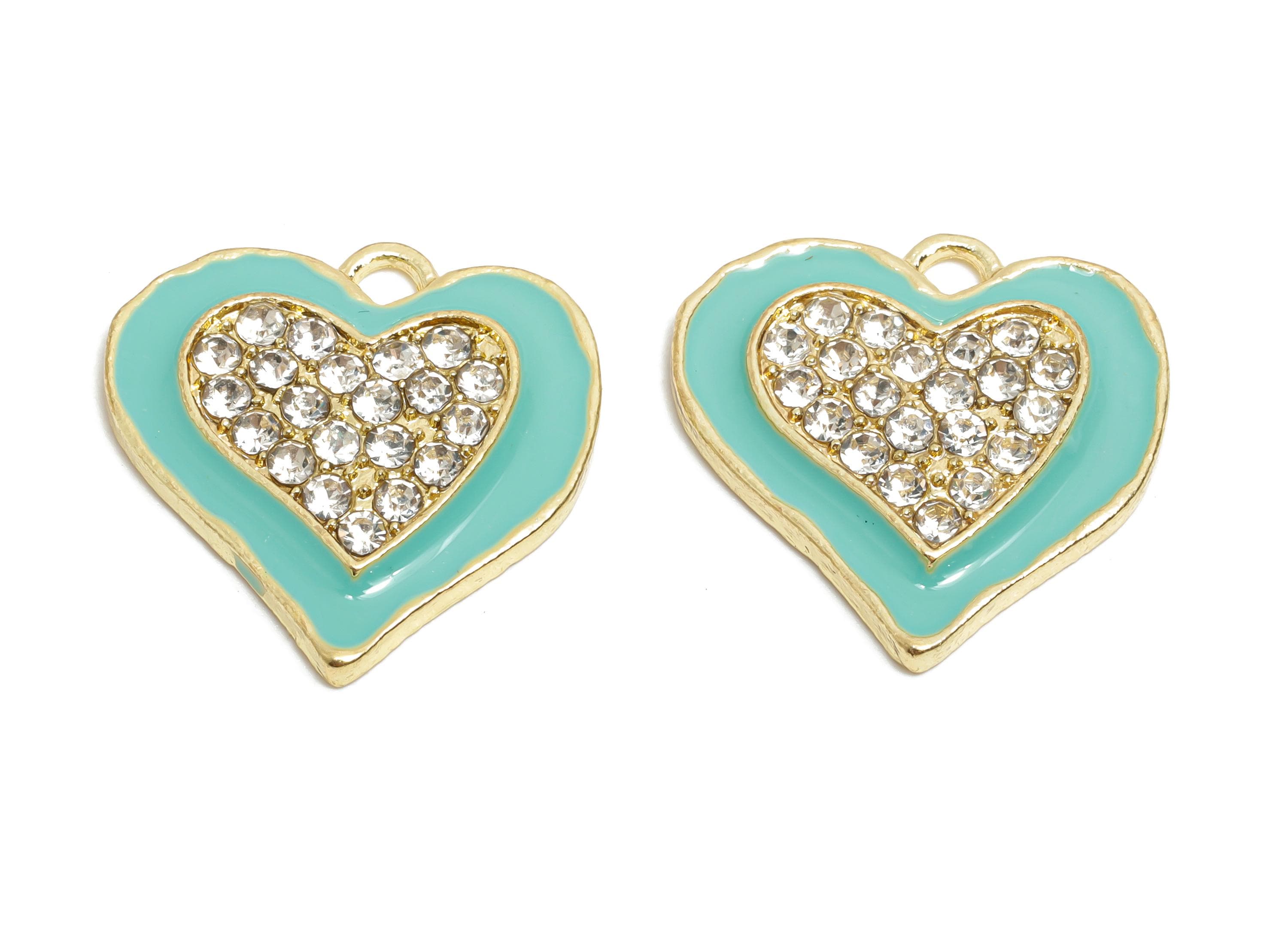 Alloy Enamel Heart Charm - Colorful Crystal Heart Green Jewelry - Sparkling Heart Accessory - Metal Craft Jewelry Making - 20x19x3mm-AC3522C - DOMEDBAZAAR