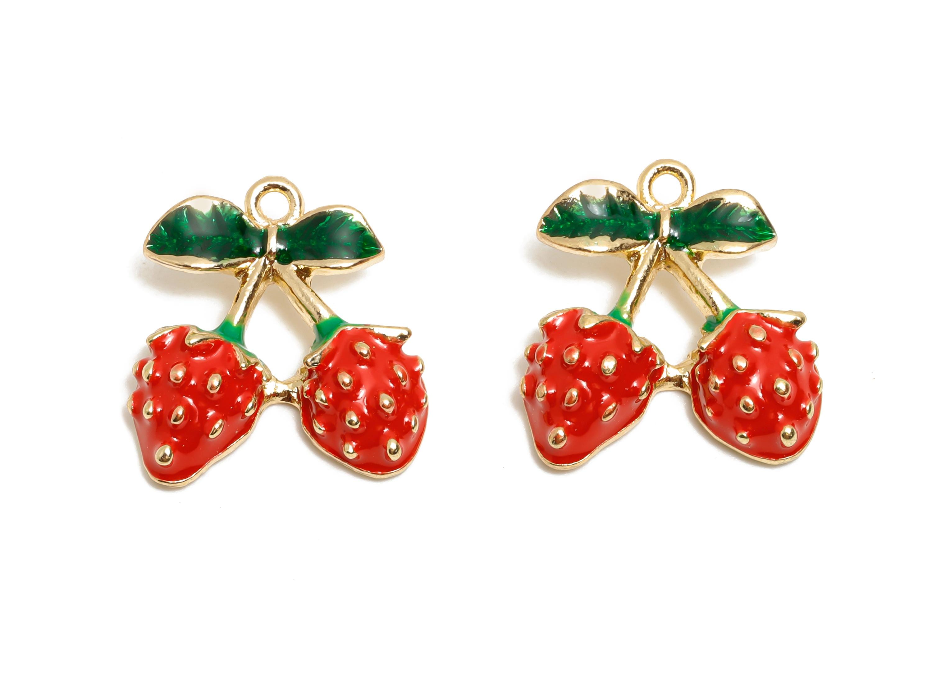 Alloy Enamel Strawberry Charm - Colorful Double Berry Charm - Green Leaf Strawberry Charm - Metal Craft Jewelry Making - 18x17x5.29mm-AC3534