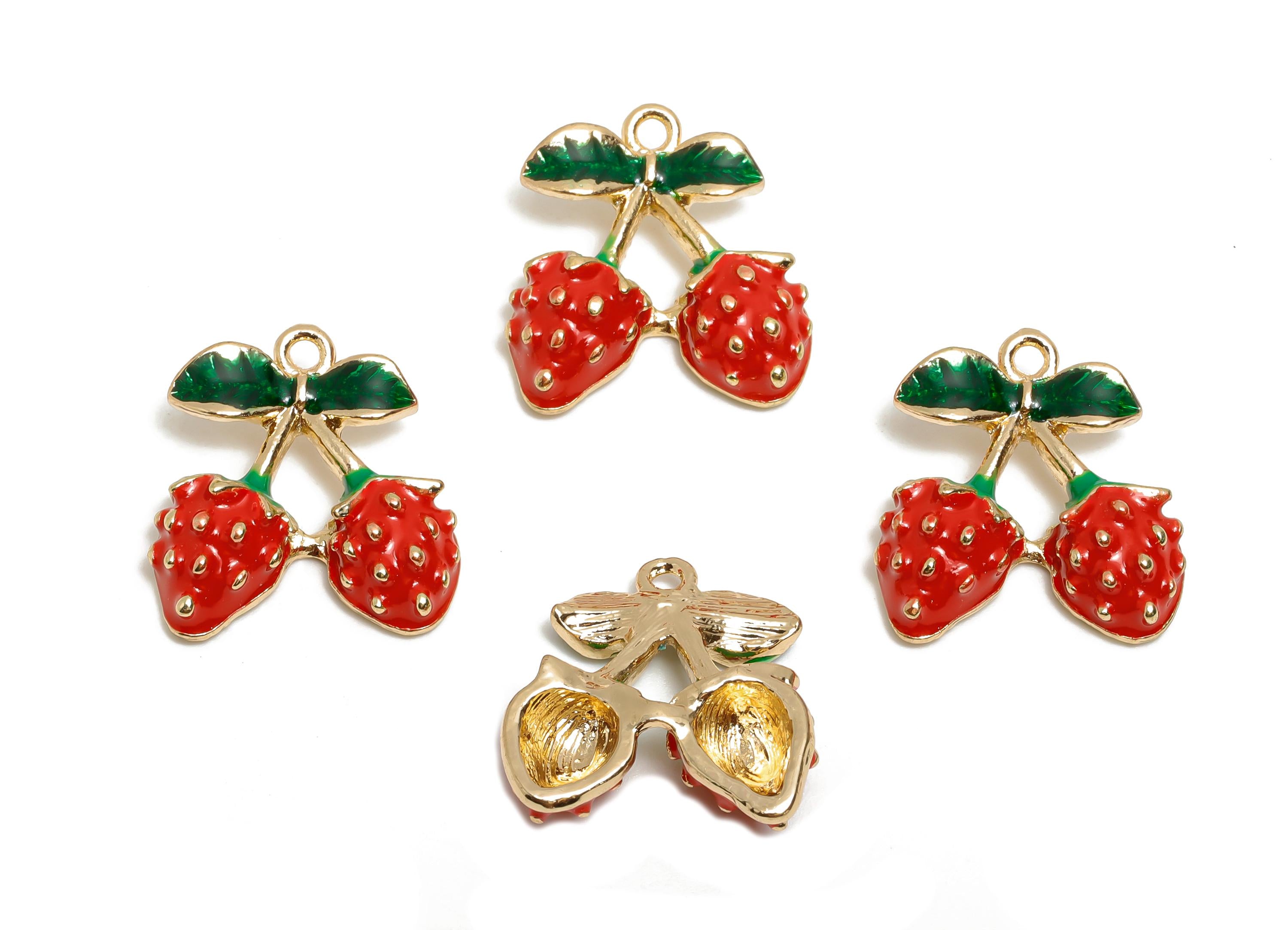 Alloy Enamel Strawberry Charm - Colorful Double Berry Charm - Green Leaf Strawberry Charm - Metal Craft Jewelry Making - 18x17x5.29mm-AC3534