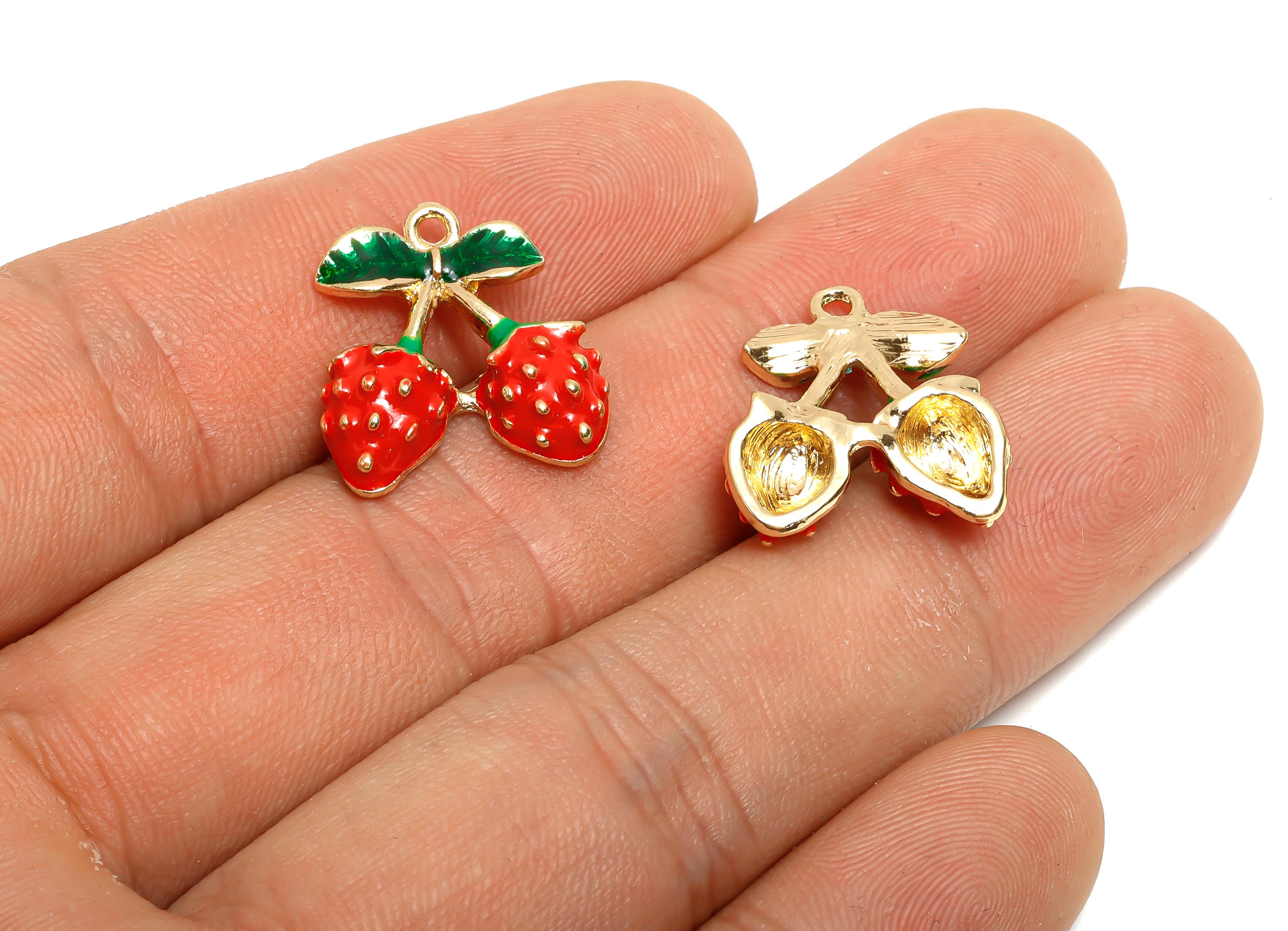 Alloy Enamel Strawberry Charm - Colorful Double Berry Charm - Green Leaf Strawberry Charm - Metal Craft Jewelry Making - 18x17x5.29mm-AC3534