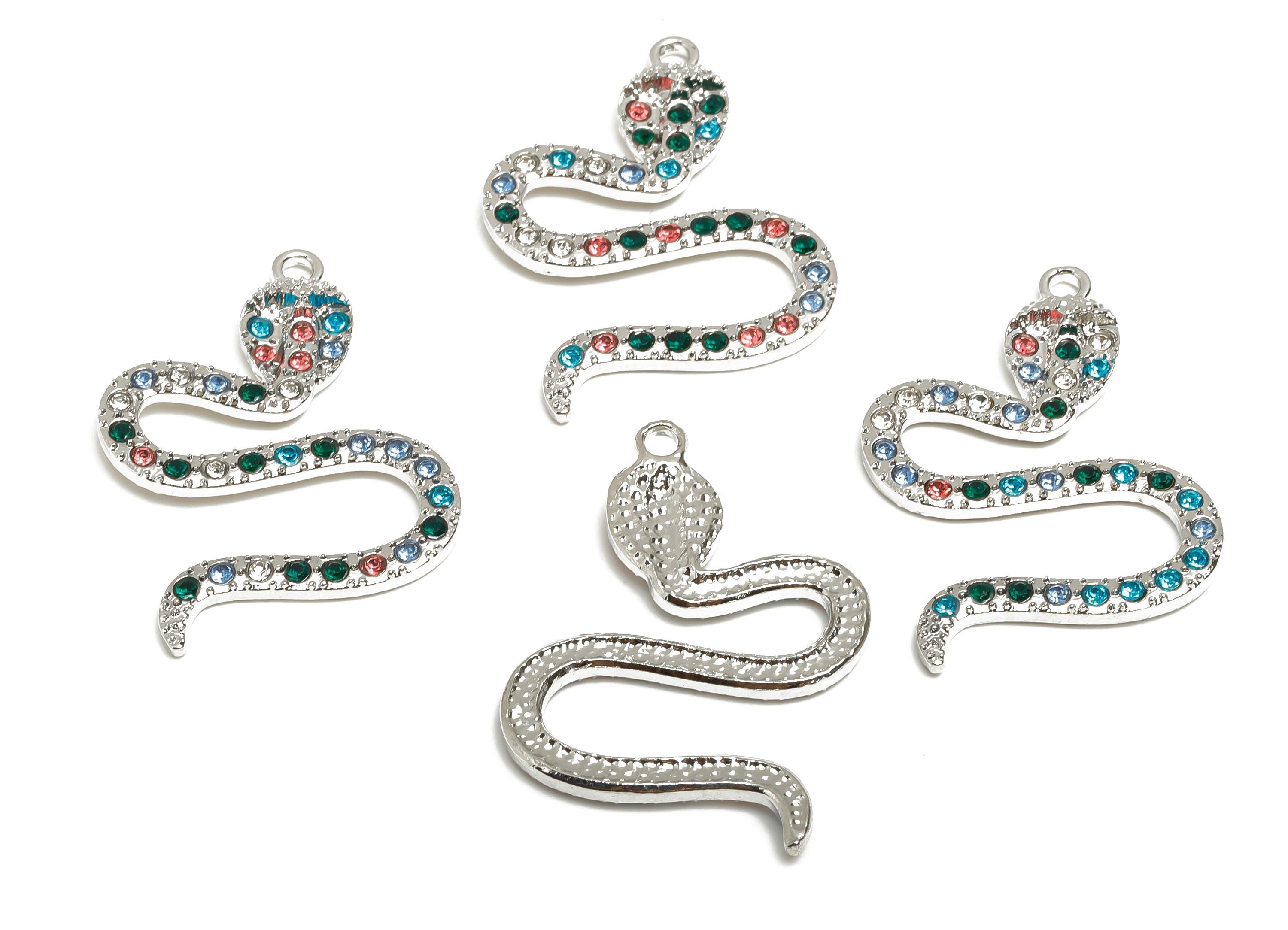 Alloy Snake Charm Pendant - Sparkling Colorful Snake Charm - DIY Crystal Snake Jewelry Supply - Silver Tone Plating - 37x27x3.5mm - AC3532 - DOMEDBAZAAR