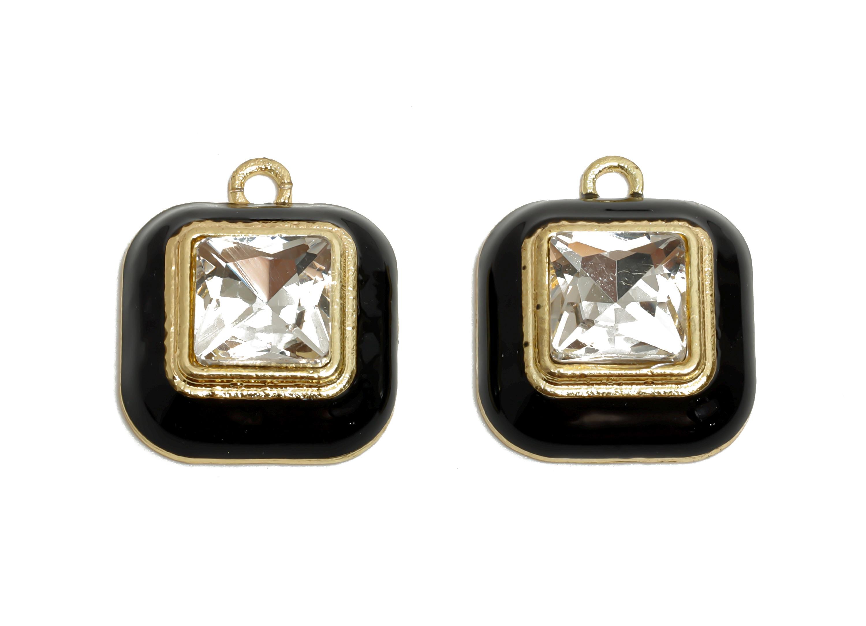 Alloy Square Crystal Pendant - Black Enamel Necklace Component - Gold Frame Geometric Jewelry - KC Gold Plated - 20x16.9x6.84mm - AC3544A - DOMEDBAZAAR