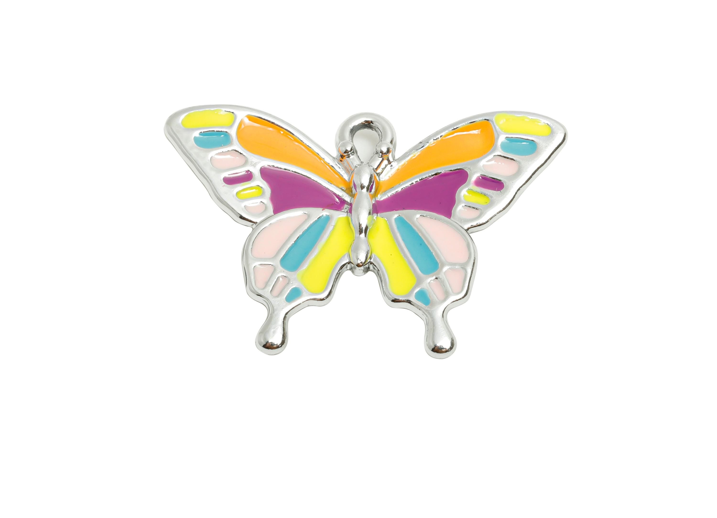 Alloy Enamel Butterfly Charm - Colorful Butterfly Jewelry Charm - Whimsical Rainbow Wing Jewelry - Silver Tone Plating - 28x19x3mm - AC3520C - DOMEDBAZAAR