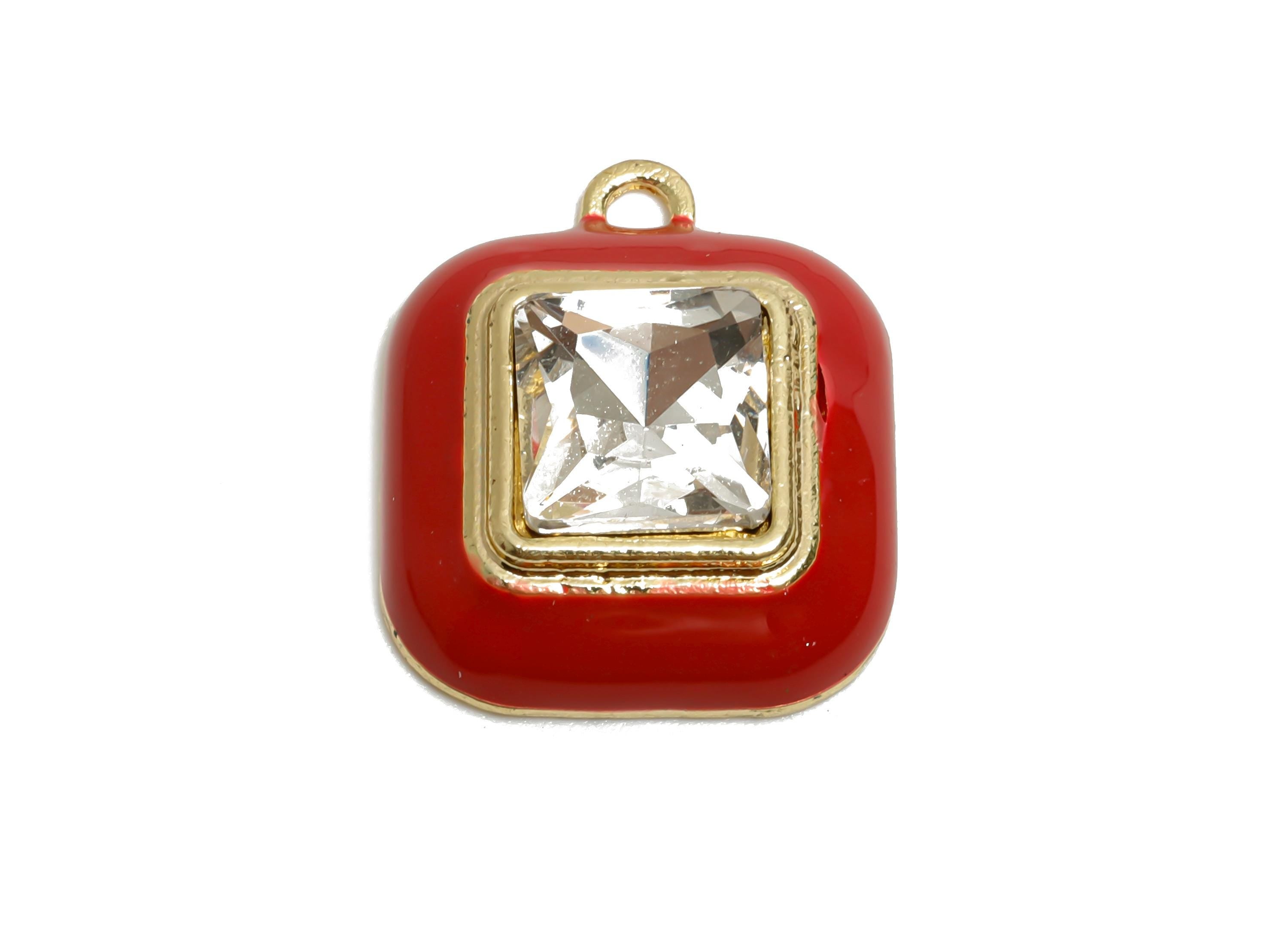 Alloy Red Square Crystal Pendant - Enamel Charms for Necklace DIY - Elegant Jewelry Accessory - KC Gold Plated - 20x16.9x6.84mm - AC3544B - DOMEDBAZAAR