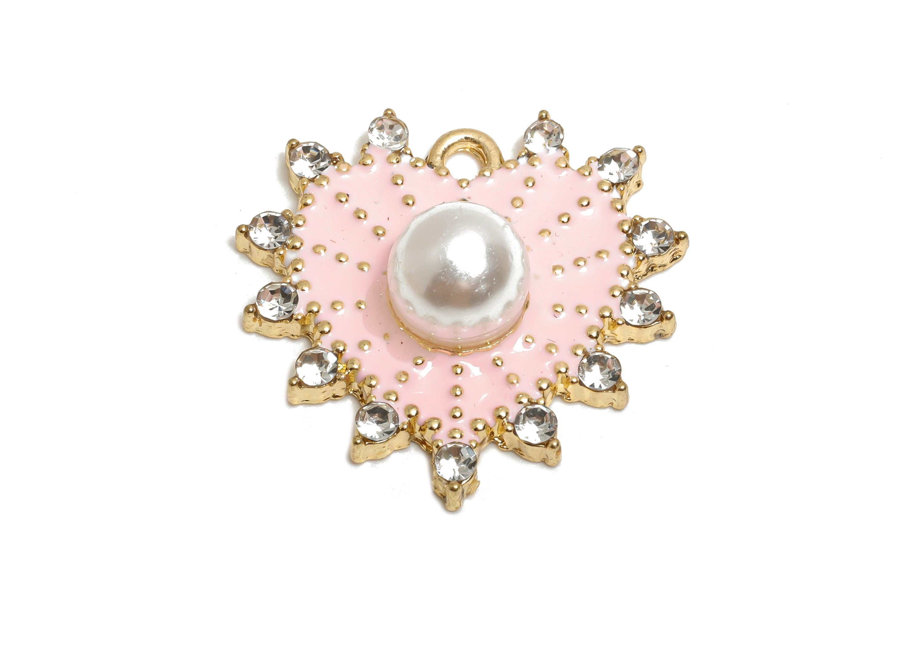 Alloy Pink Heart Pearl Pendant - Colorful Crystal Enamel Heart Jewelry - Sparkling Heart Accessory - Jewelry Making - 24x24.9x9mm - AC3539 - DOMEDBAZAAR
