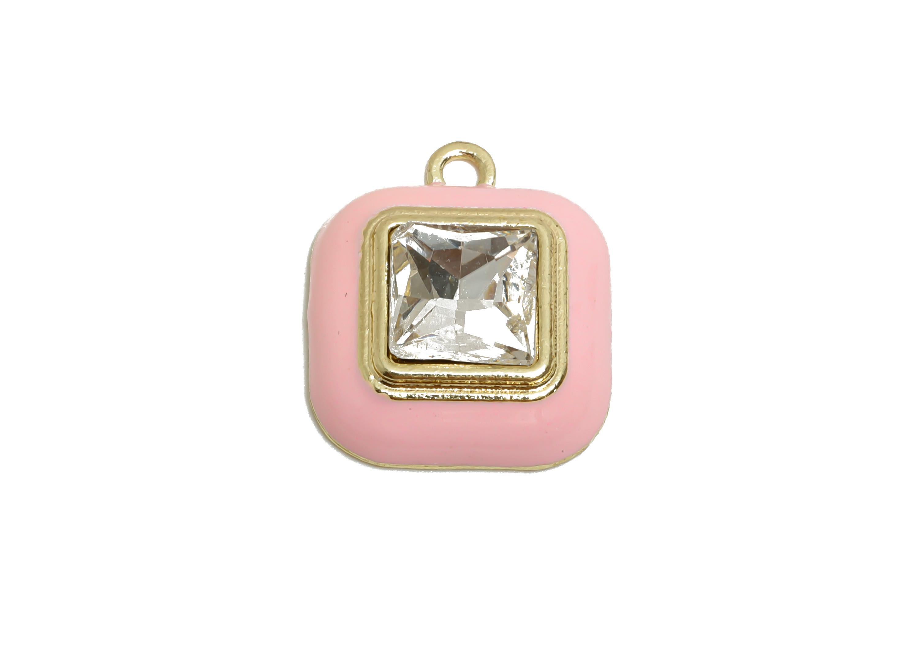 Alloy Square Crystal Pendant - Sparkling Pink Enamel Pendant - Geometric Jewelry Making Supplies - KC Gold Plated - 20x16.9x6.84mm - AC3544C - DOMEDBAZAAR