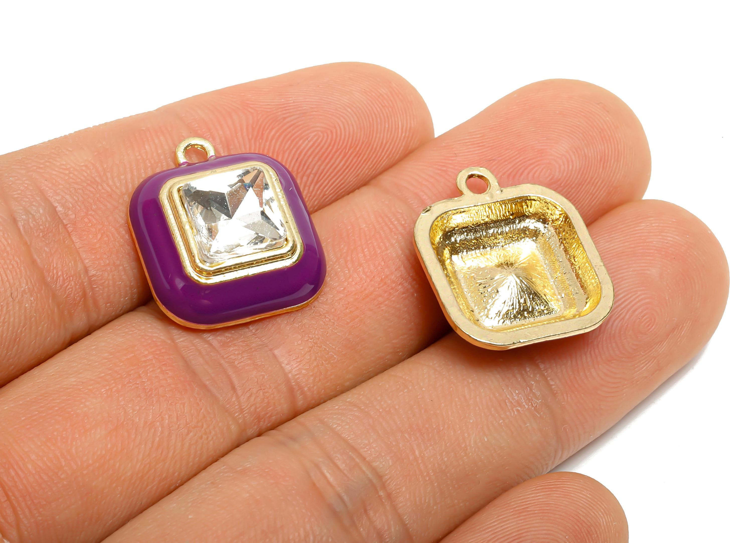 Alloy Square Crystal Pendant - Purple Enamel Crafting Pendant - Statement Alloy Component - KC Gold Tone Plated - 20x16.9x6.84mm - AC3544D - DOMEDBAZAAR
