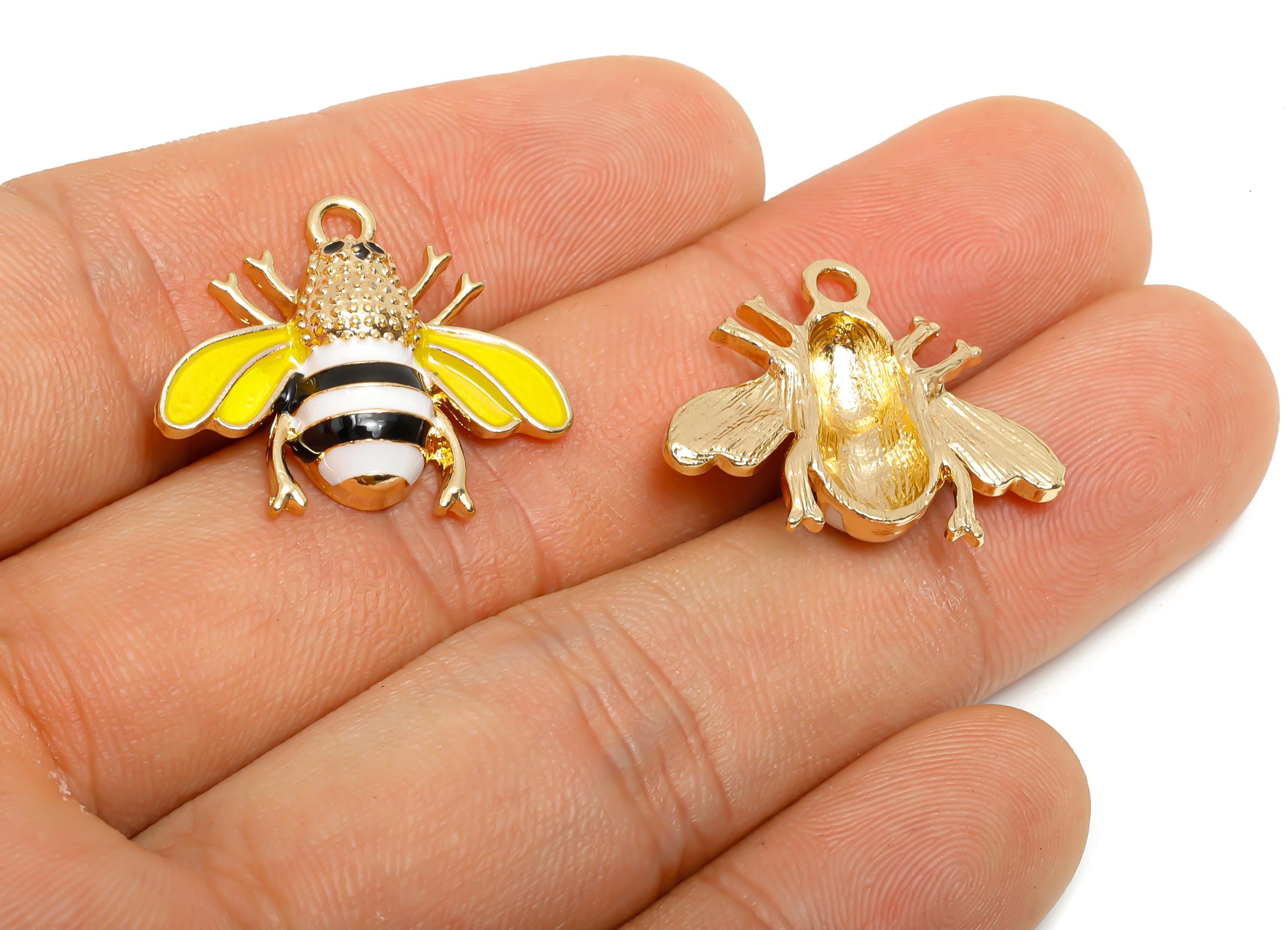 Alloy Enamel Bee Charm - Insect Jewelry Charm - Whimsical Dainty Bee Jewelry For Necklace - KC Gold Tone Plating - 20x24.36x5.3mm - AC3528