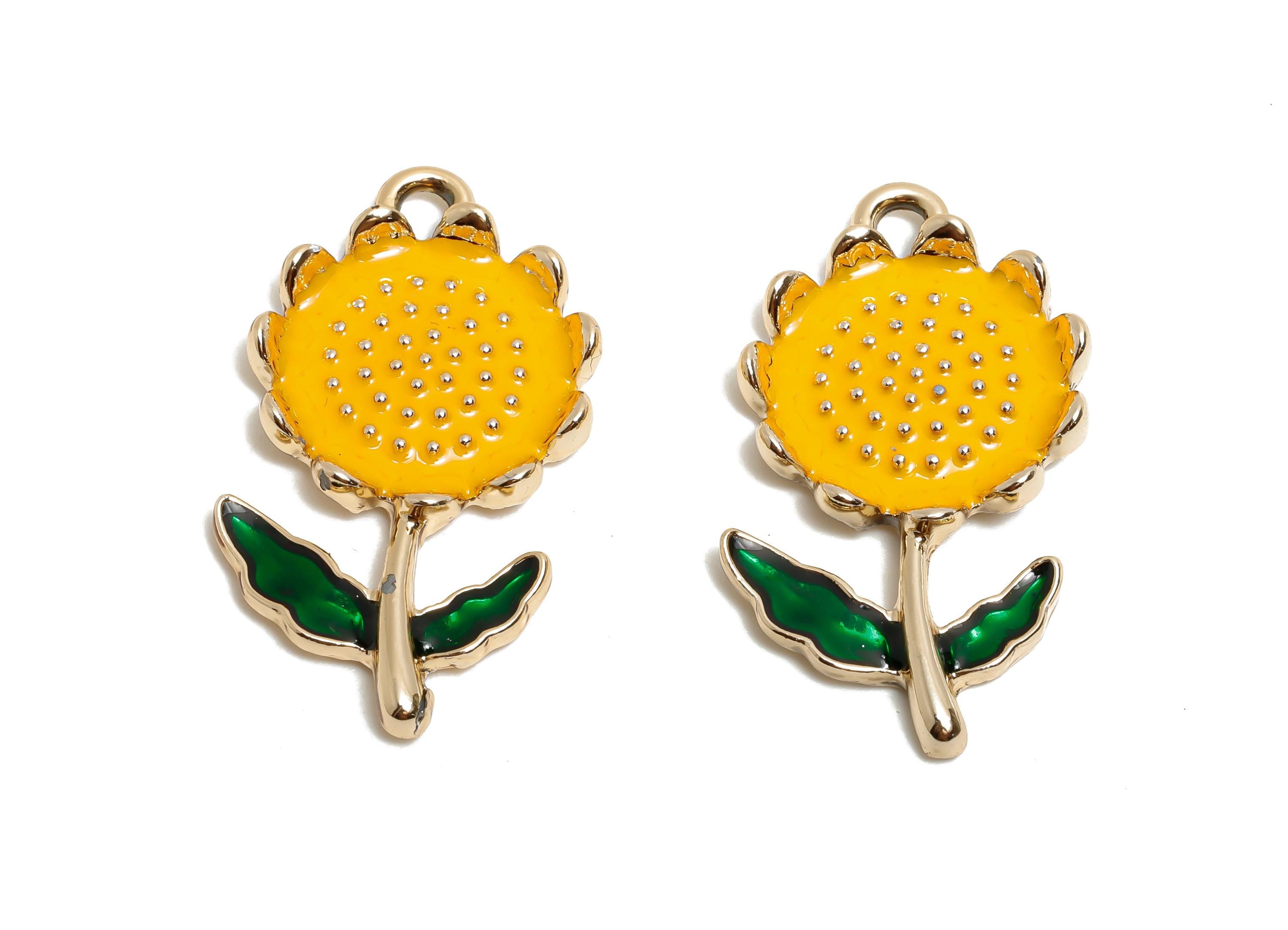 Alloy Enamel Sunflower Charm Pendant - Cute Daisy Sunflower Piece - Dainty Jewelry For Necklace - KC Gold Tone Plating - 28x19x3mm - AC3527