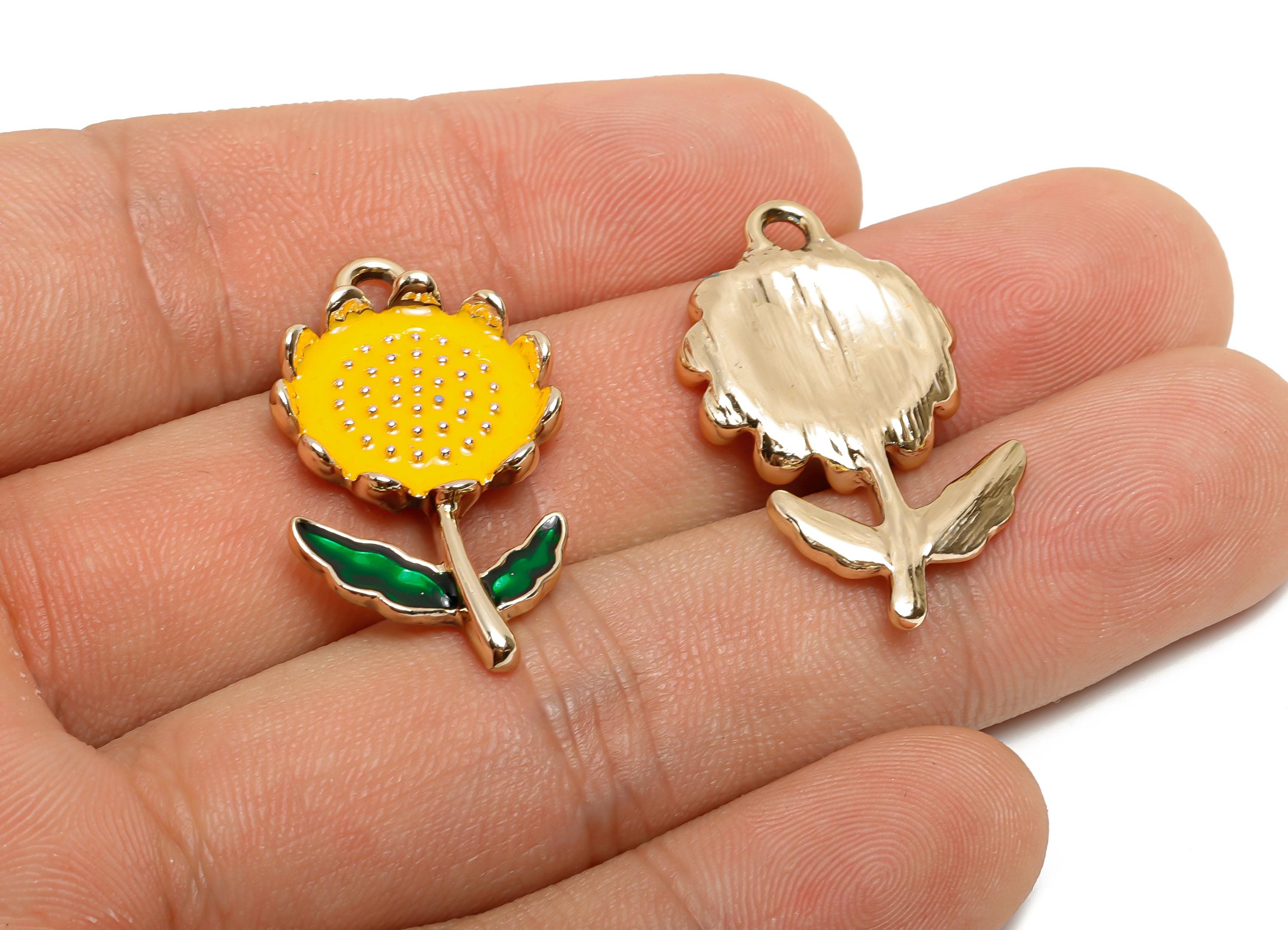 Alloy Enamel Sunflower Charm Pendant - Cute Daisy Sunflower Piece - Dainty Jewelry For Necklace - KC Gold Tone Plating - 28x19x3mm - AC3527