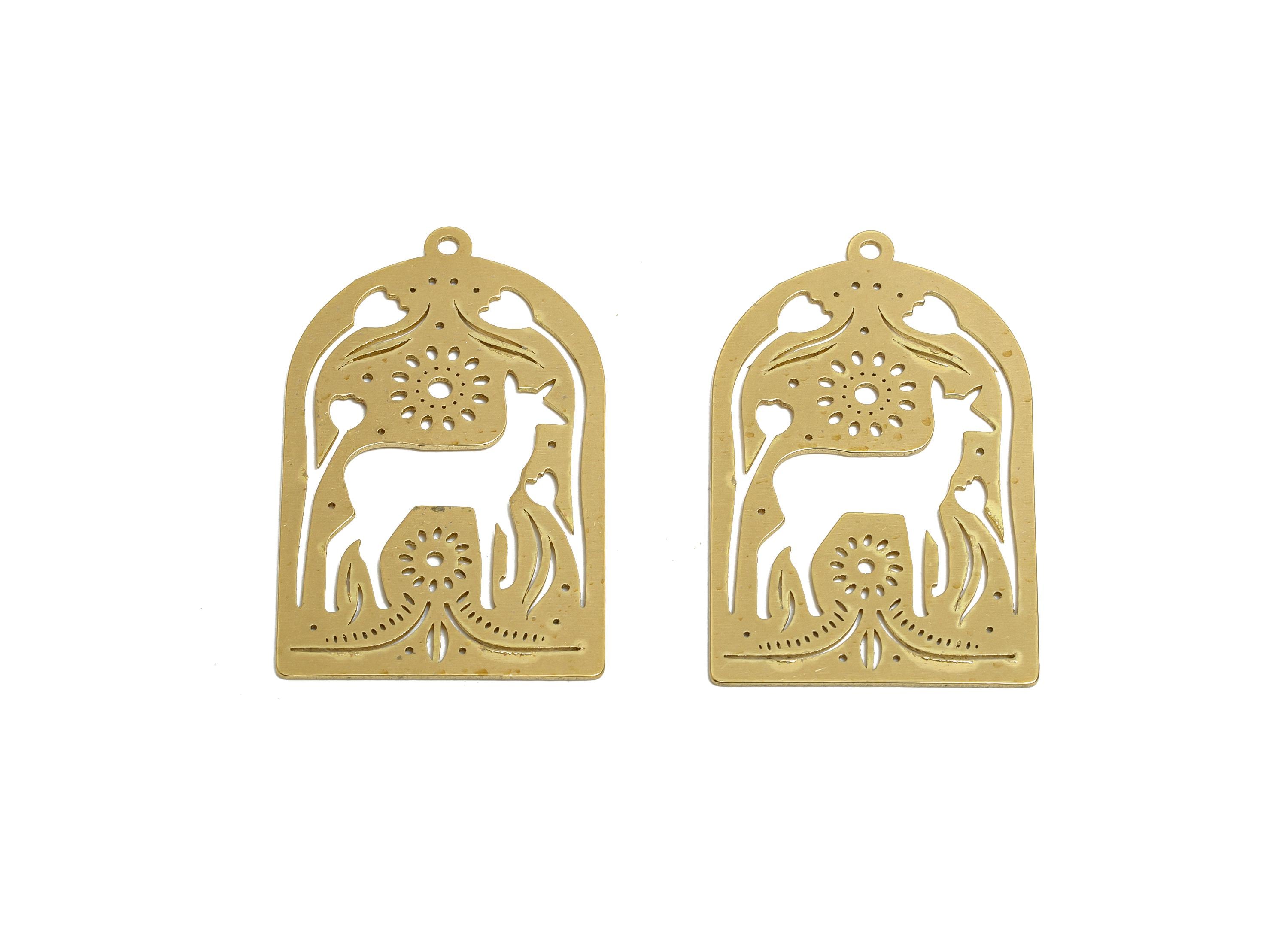 Raw Brass Deer Pendant - Brass Hollow Forest Animal Charm - Woodland Scene Charm - Folk Art Animal Pendant - 36x22.4x0.7mm - PP11511 - DOMEDBAZAAR