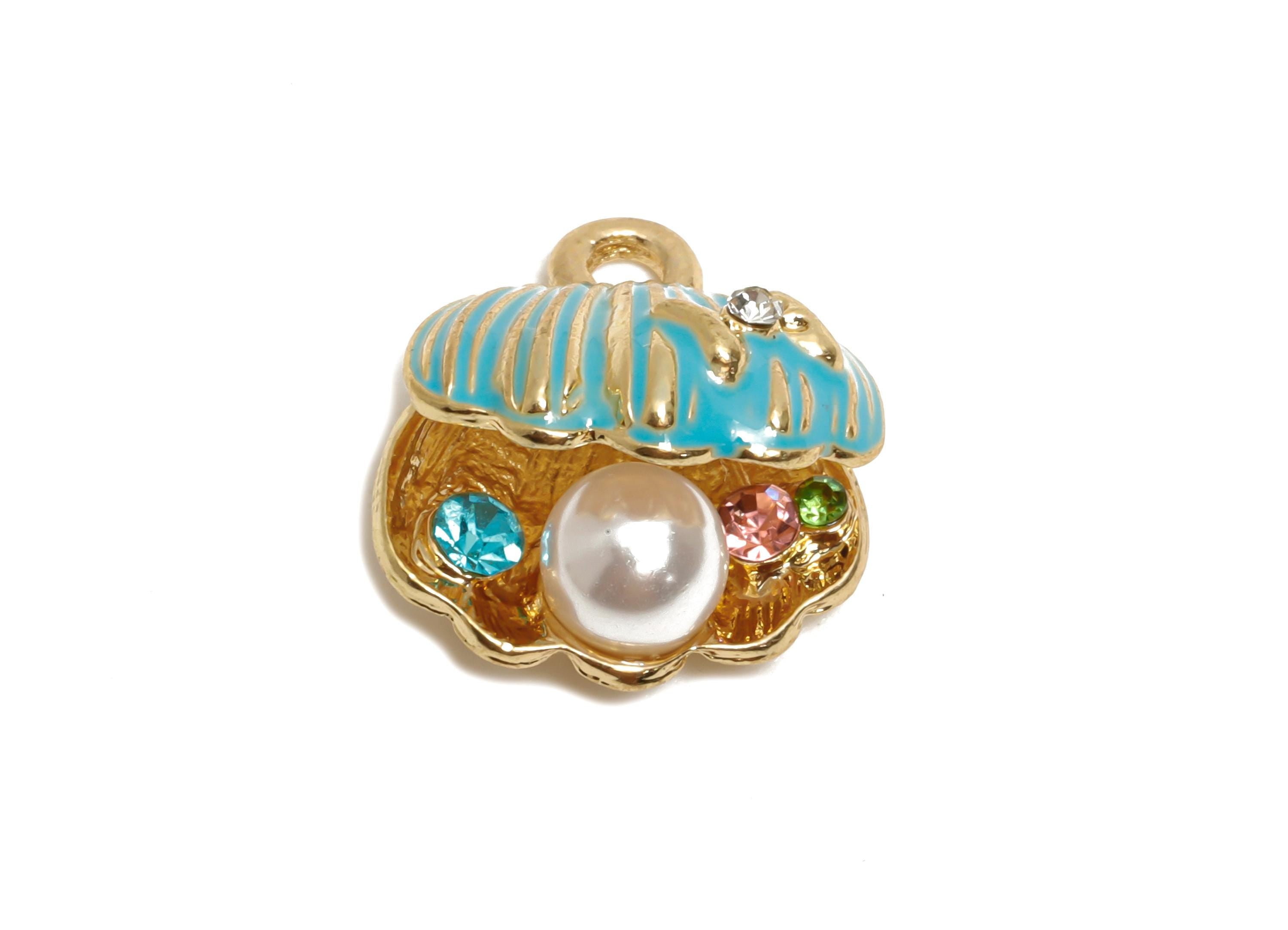 Alloy Enamel Shell Charm - Dainty ABS Imitation Pearls Necklace Pendant - Ocean Theme Pendant - KC Gold Tone Plated - 17x15.8x10mm - AC3537 - DOMEDBAZAAR