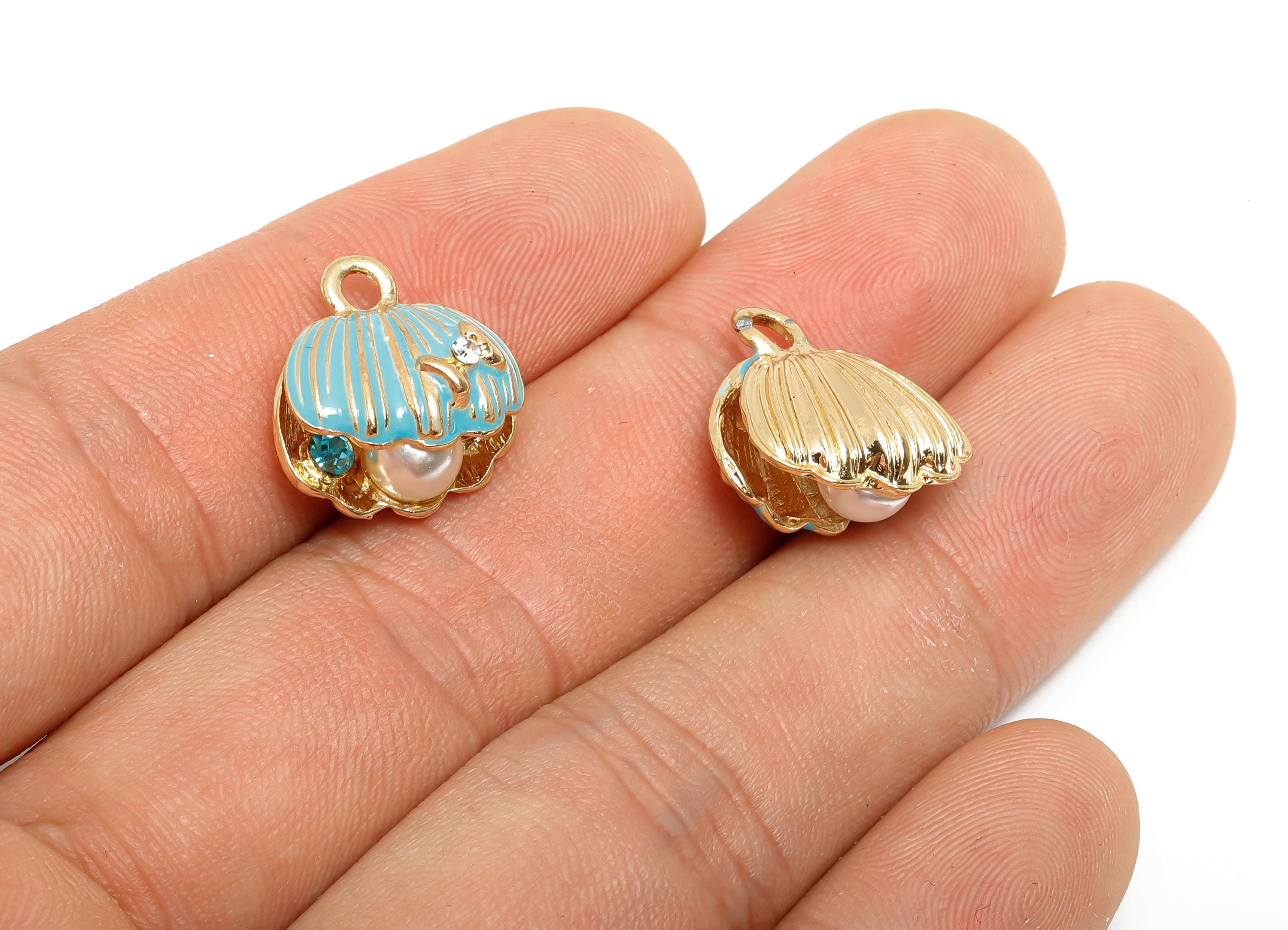 Alloy Enamel Shell Charm - Dainty ABS Imitation Pearls Necklace Pendant - Ocean Theme Pendant - KC Gold Tone Plated - 17x15.8x10mm - AC3537 - DOMEDBAZAAR