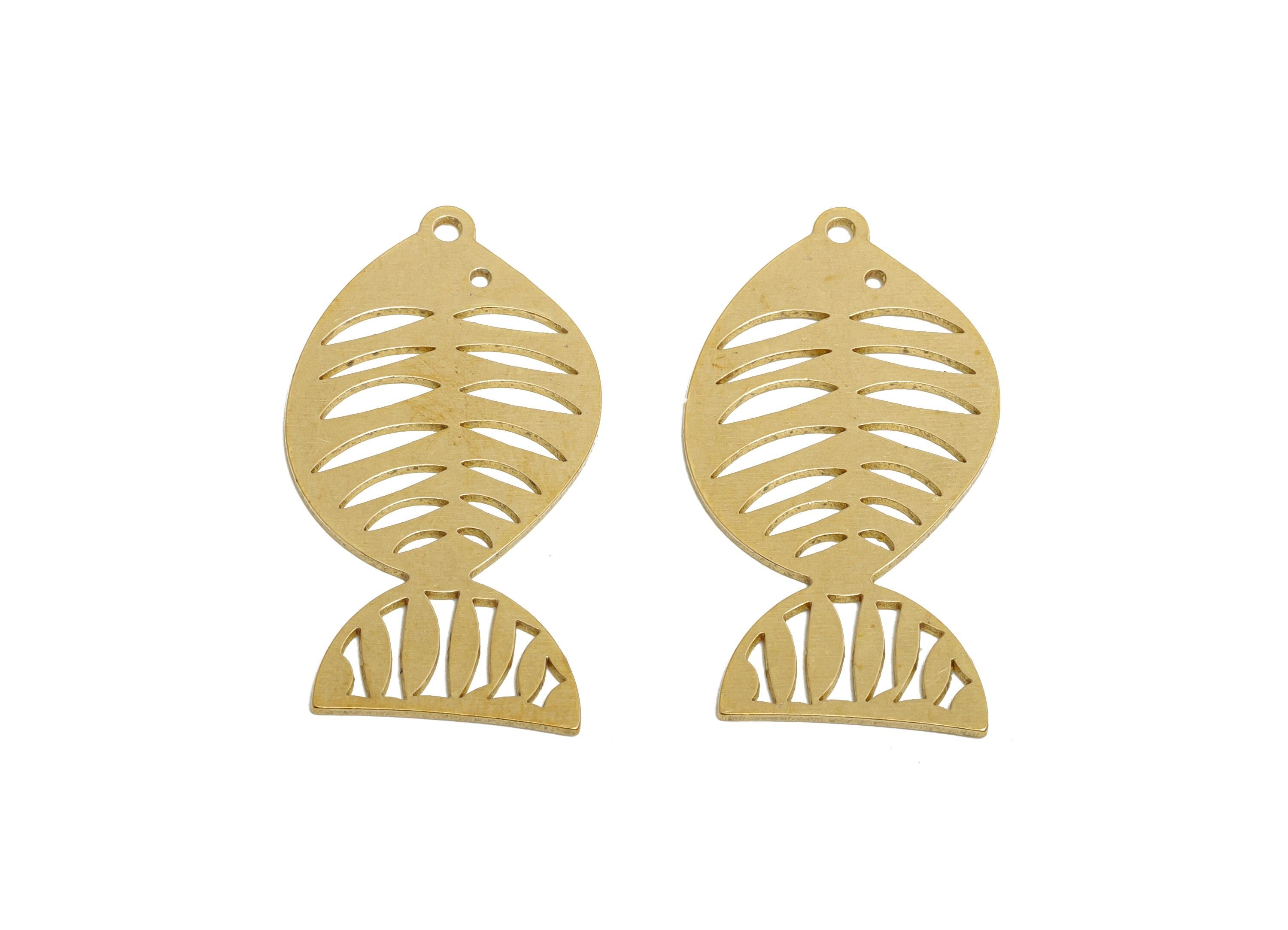 Raw Brass Fish Pendant - Brass Hollow Marine Life Charm - Hollow Fish Cut Brass Charm - Nature Jewelry Making - 31.18x16.84x0.7mm - PP11508 - DOMEDBAZAAR