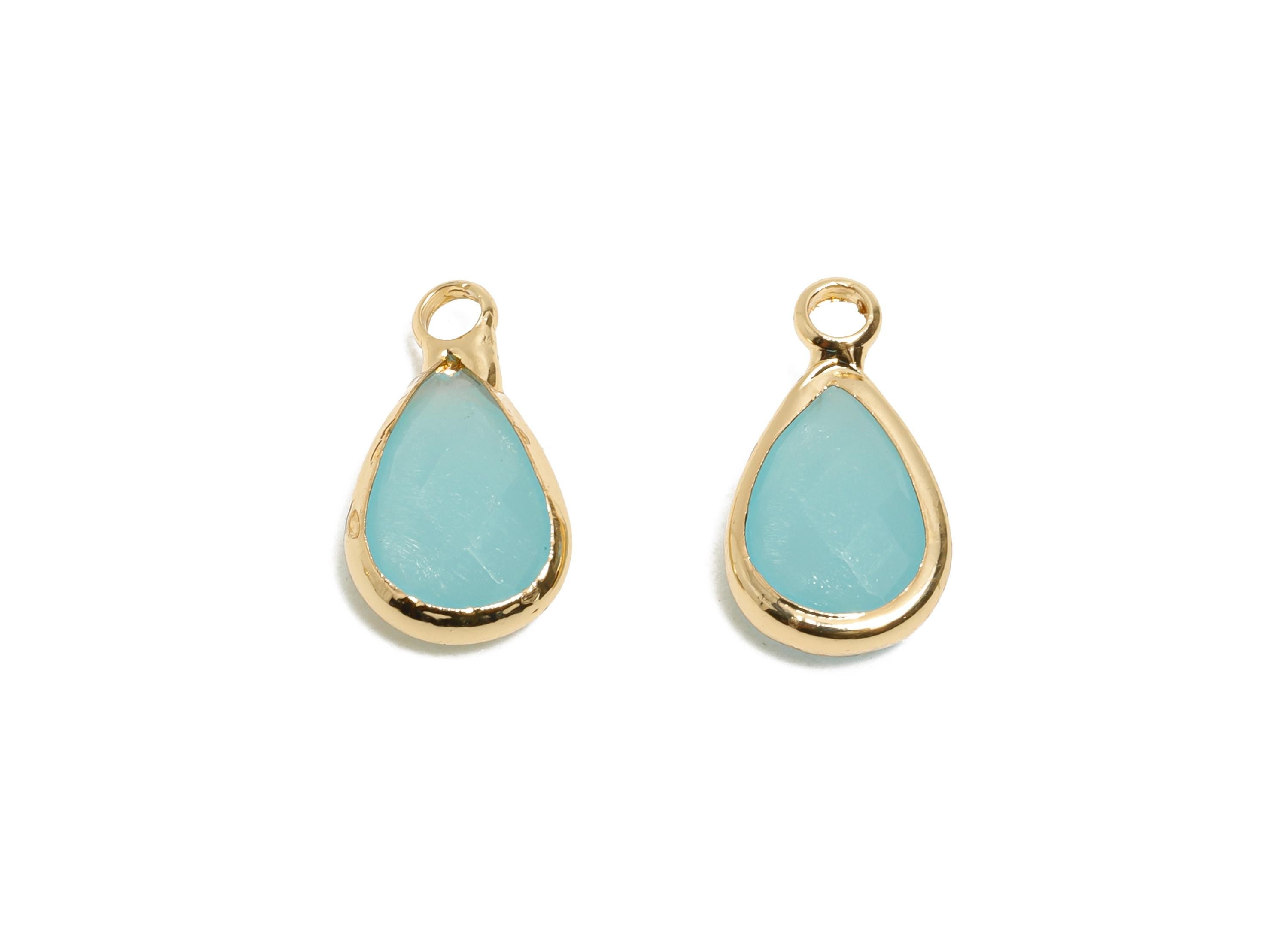 Teardrop Glass Charms - Brass Blue Faceted Glass Pendant - Romantic Teardrop Jewelry - Gold Tone Plated Brass - 13.75x7.8x3.7mm - AC3657