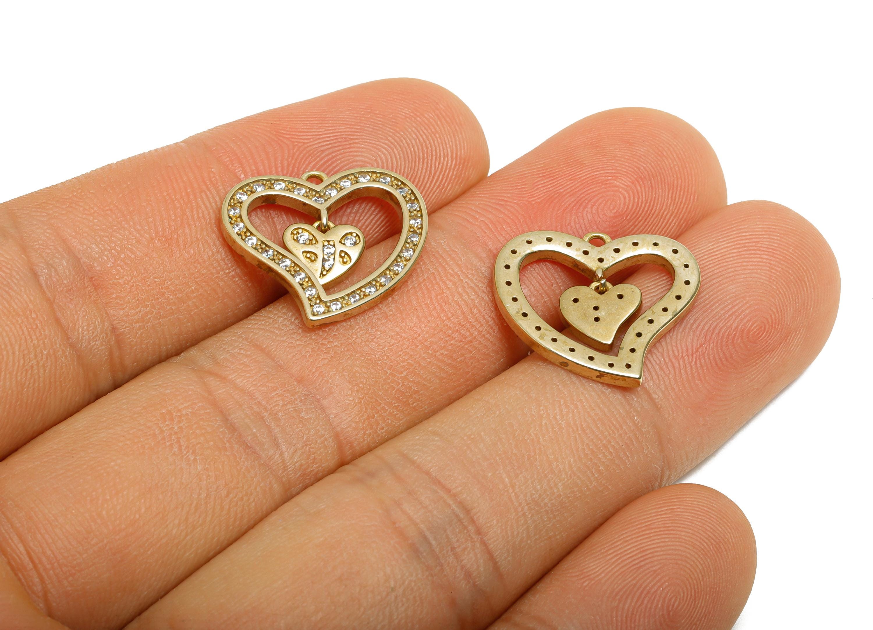 Brass CZ Heart Pendant - Rhinestone Dangle Charm - Cubic Zircon Romantic Jewelry Supply - Double Heart Charm For Necklace -18x16x2mm-PP11468 - DOMEDBAZAAR