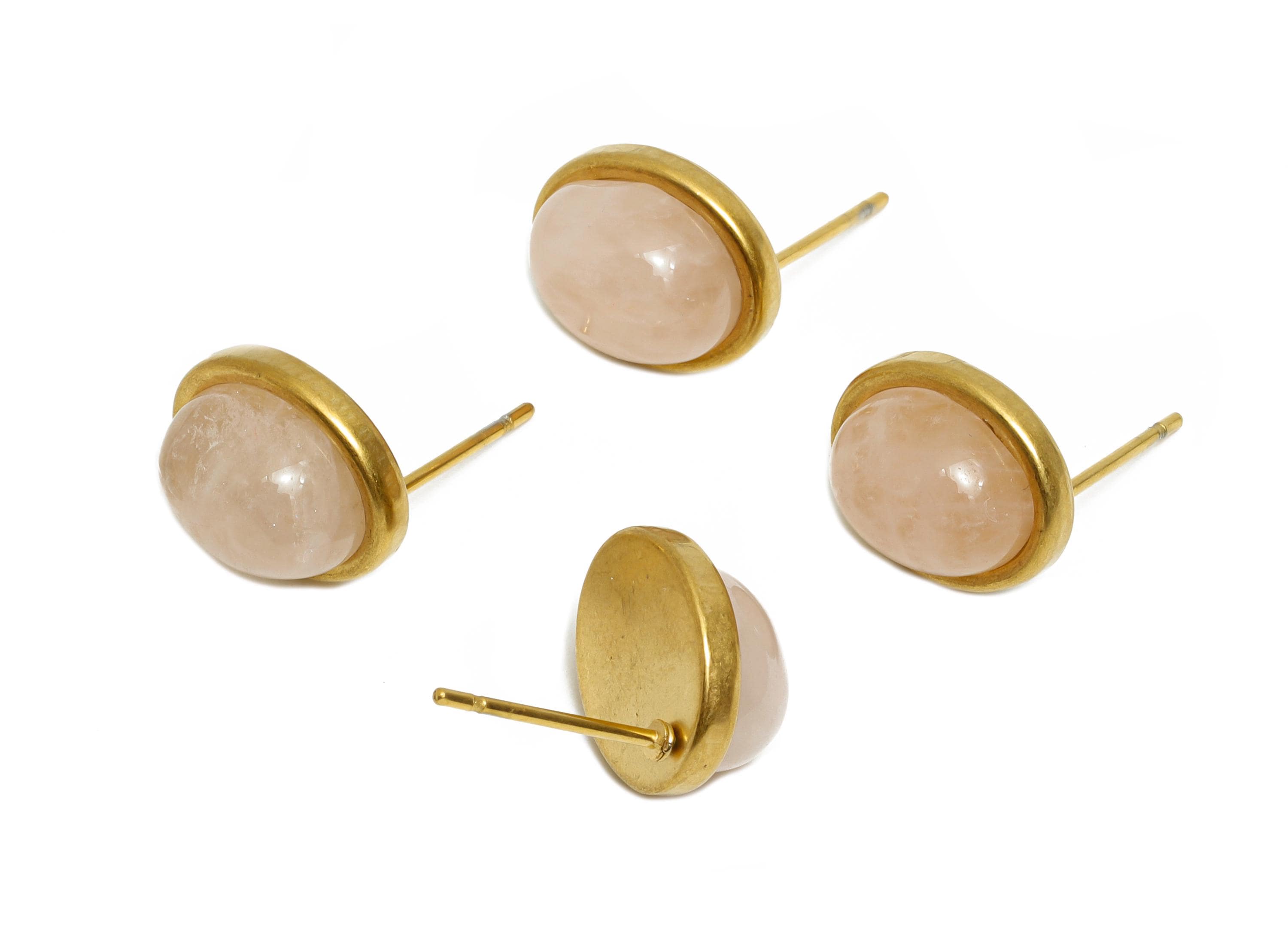 Steel Pink Quartz Stud Earring - Vintage Look Gemstone Stud Earring - Oval Cabochon Earring - 24K Real Vacuum Plating - 12x10x6mm - SS2785 - DOMEDBAZAAR