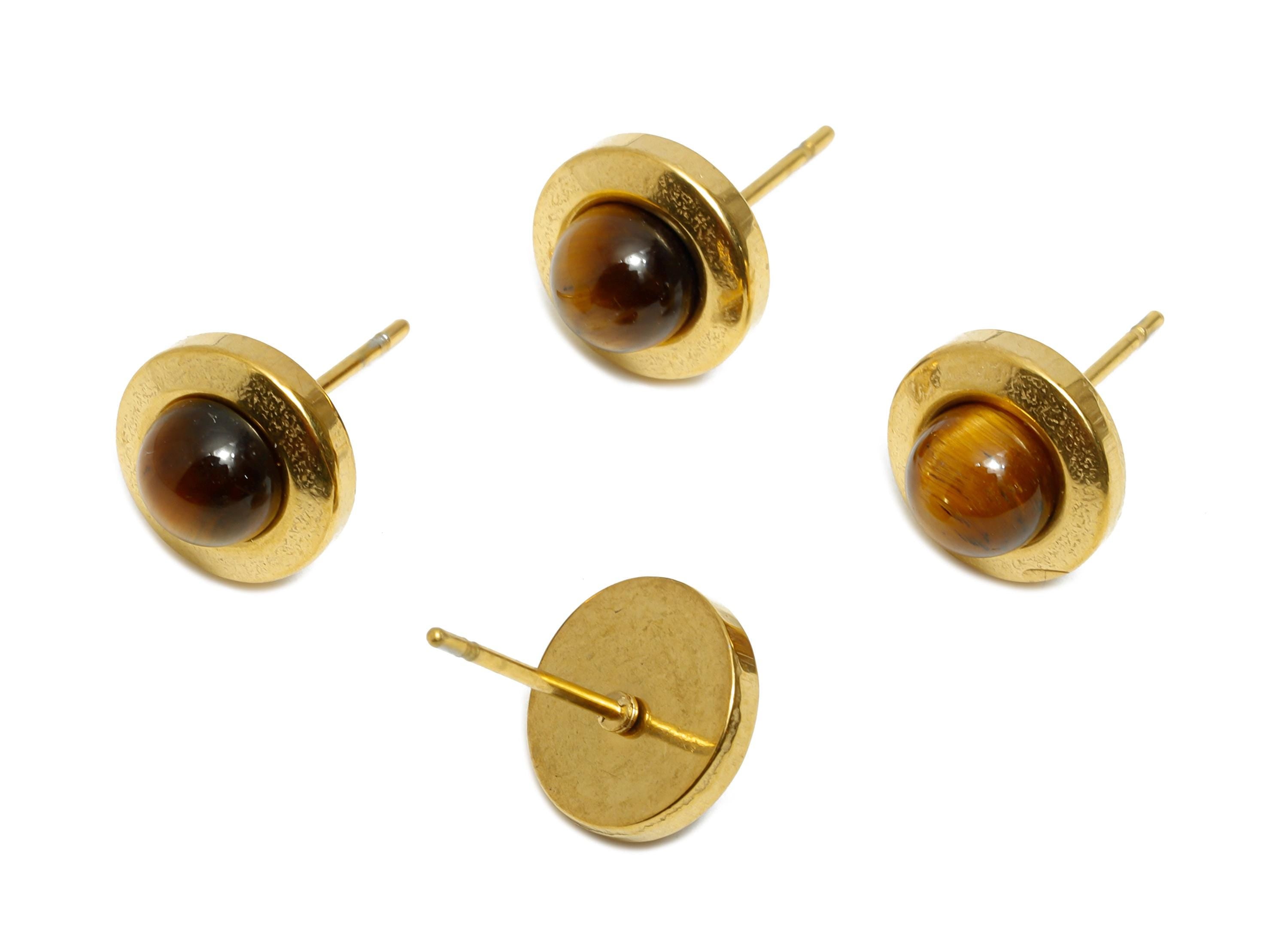 Steel Tiger Eye Stone Stud Earring - Vintage Look Gemstone Stud Earring - Cabochon Earring - 24K Real Vacuum Plating - 10x10x5.94mm - SS2782 - DOMEDBAZAAR