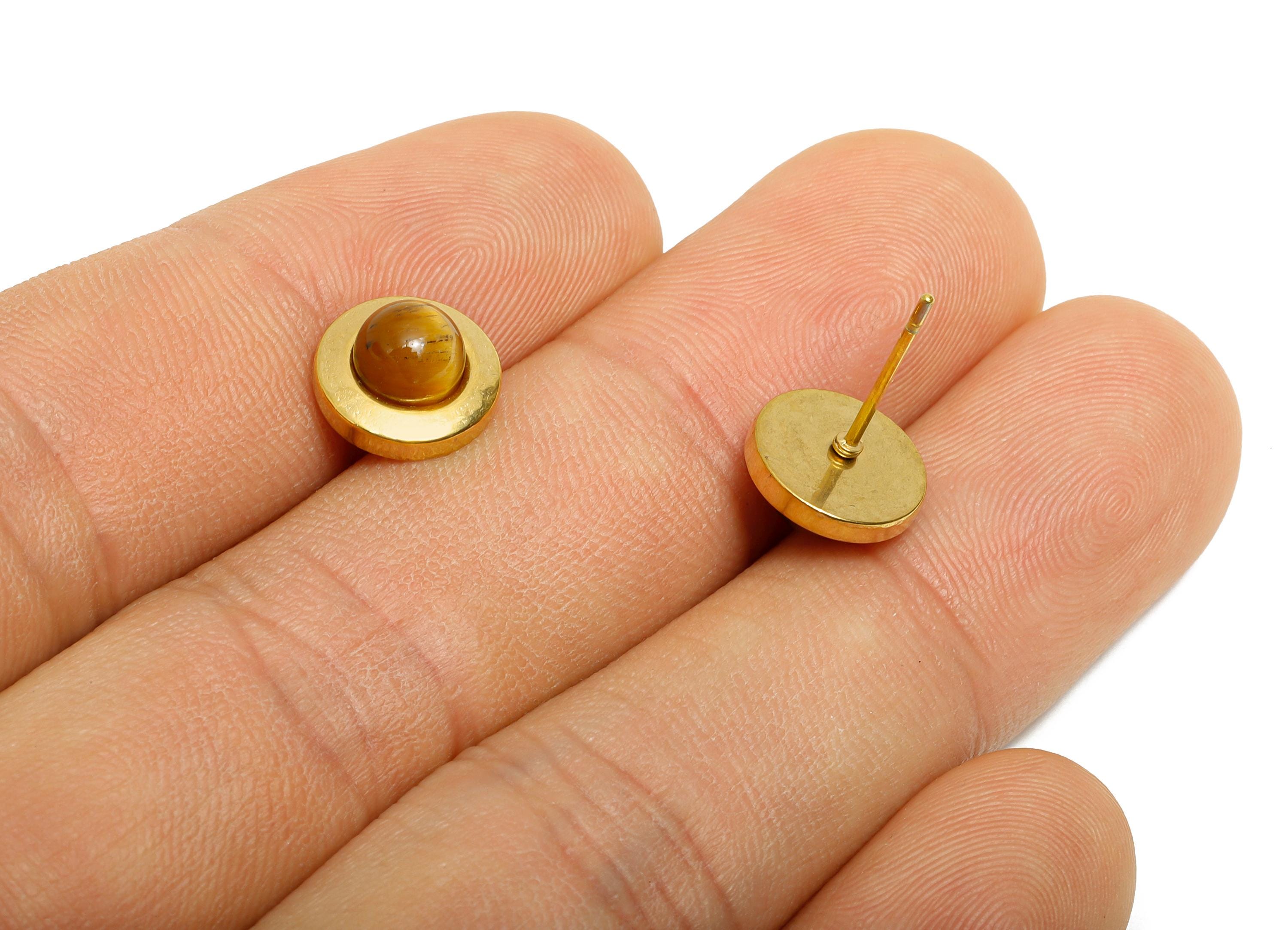 Steel Tiger Eye Stone Stud Earring - Vintage Look Gemstone Stud Earring - Cabochon Earring - 24K Real Vacuum Plating - 10x10x5.94mm - SS2782 - DOMEDBAZAAR