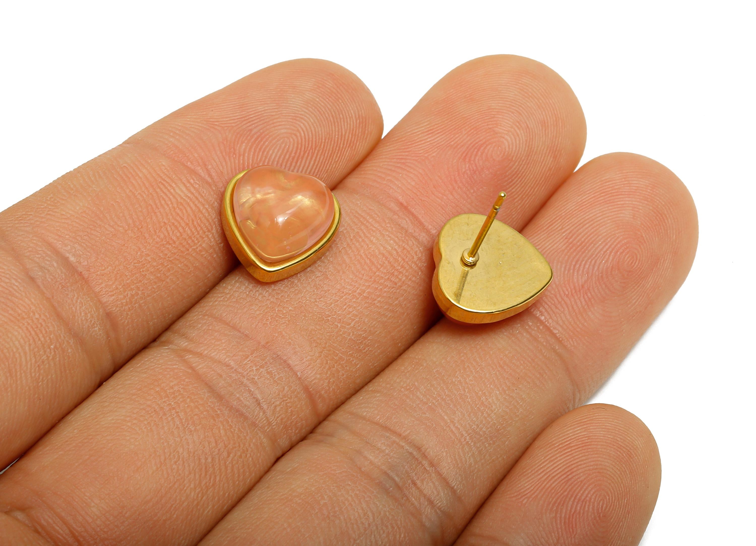 Steel Rose Quartz Stud Earring - Heart Cabochon Earring - Vintage Look Gemstone Stud Earring - 24K Real Vacuum Plating - 12x12x7mm - SS2775 - DOMEDBAZAAR