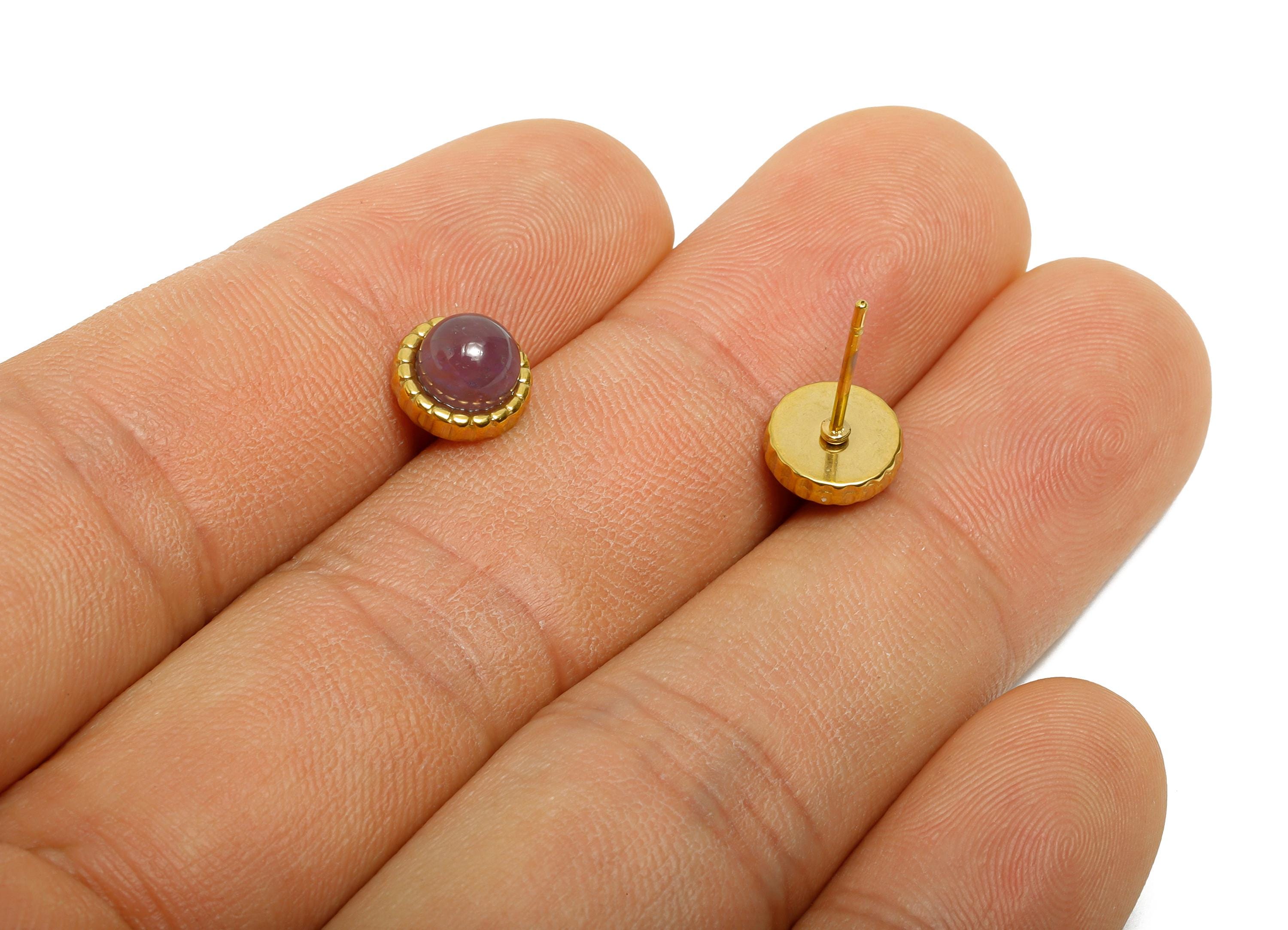 Steel Amethyst Stone Stud Earring - Vintage Dainty Gemstone Stud Earring - Cabochon Earring - 24K Real Vacuum Plating - 8.12x8x5mm - SS2784 - DOMEDBAZAAR