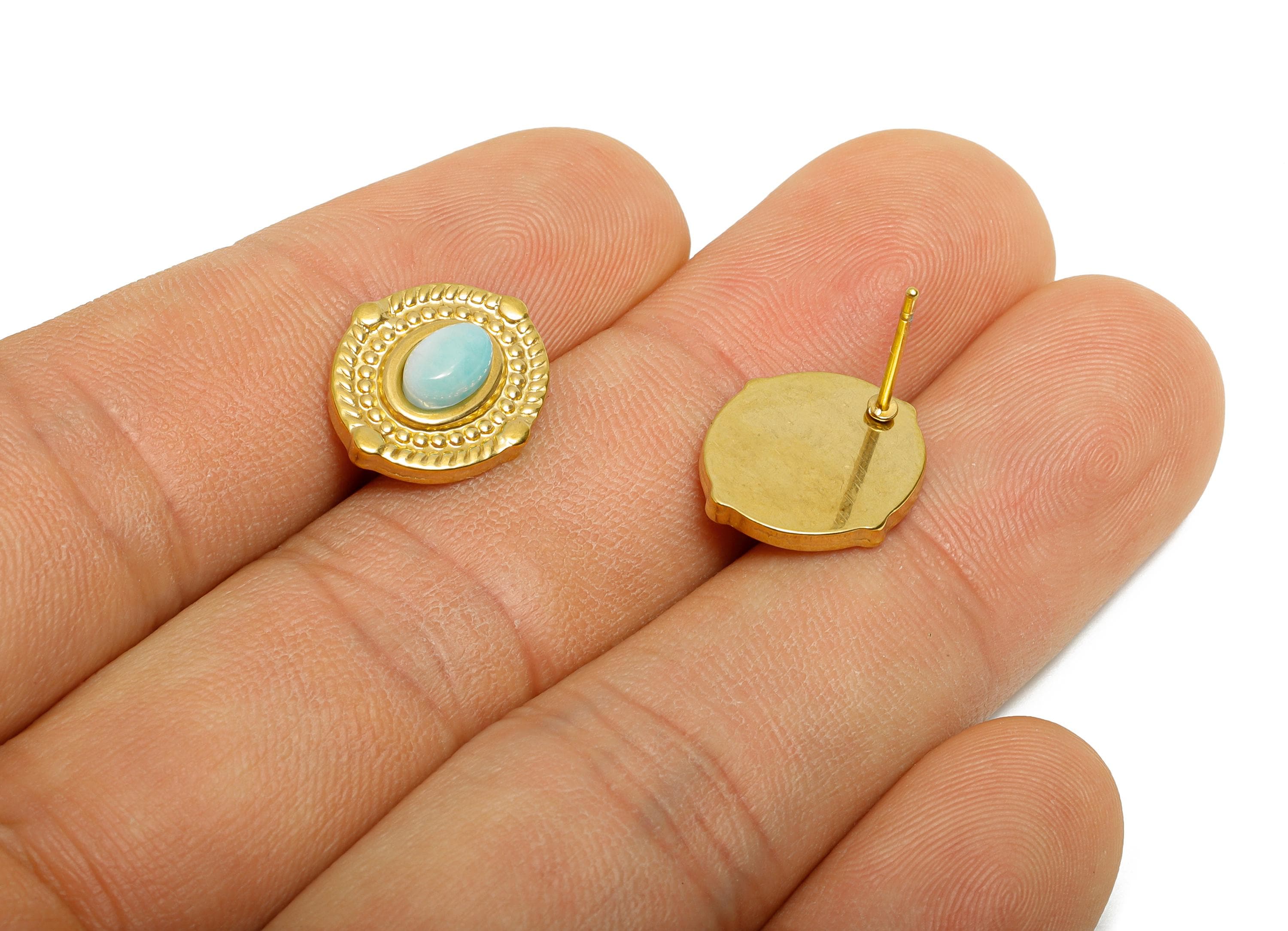 Steel Aventurine Stone Stud Earring - Vintage Look Stud Earring - Antique Cabochon Earring - 24K Real Vacuum Plating - 15.1x126x4mm - SS2780 - DOMEDBAZAAR