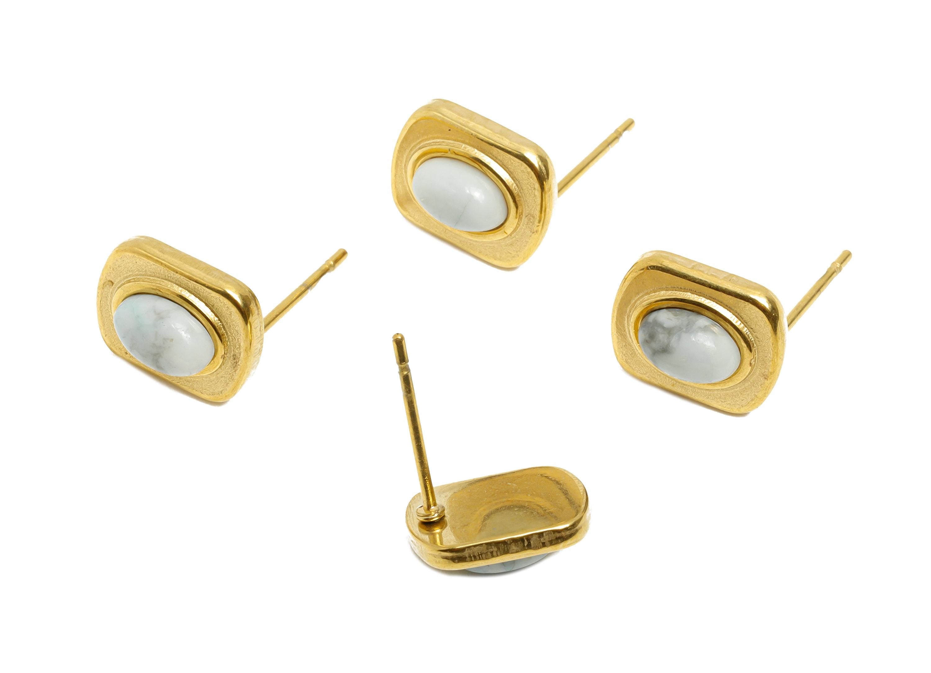 Steel Aquamarine Morganite Stone Earring - Vintage Stud Earring - Antique Cabochon Earring - 24K Real Vacuum Plating - 10.88x8x4mm - SS2781 - DOMEDBAZAAR