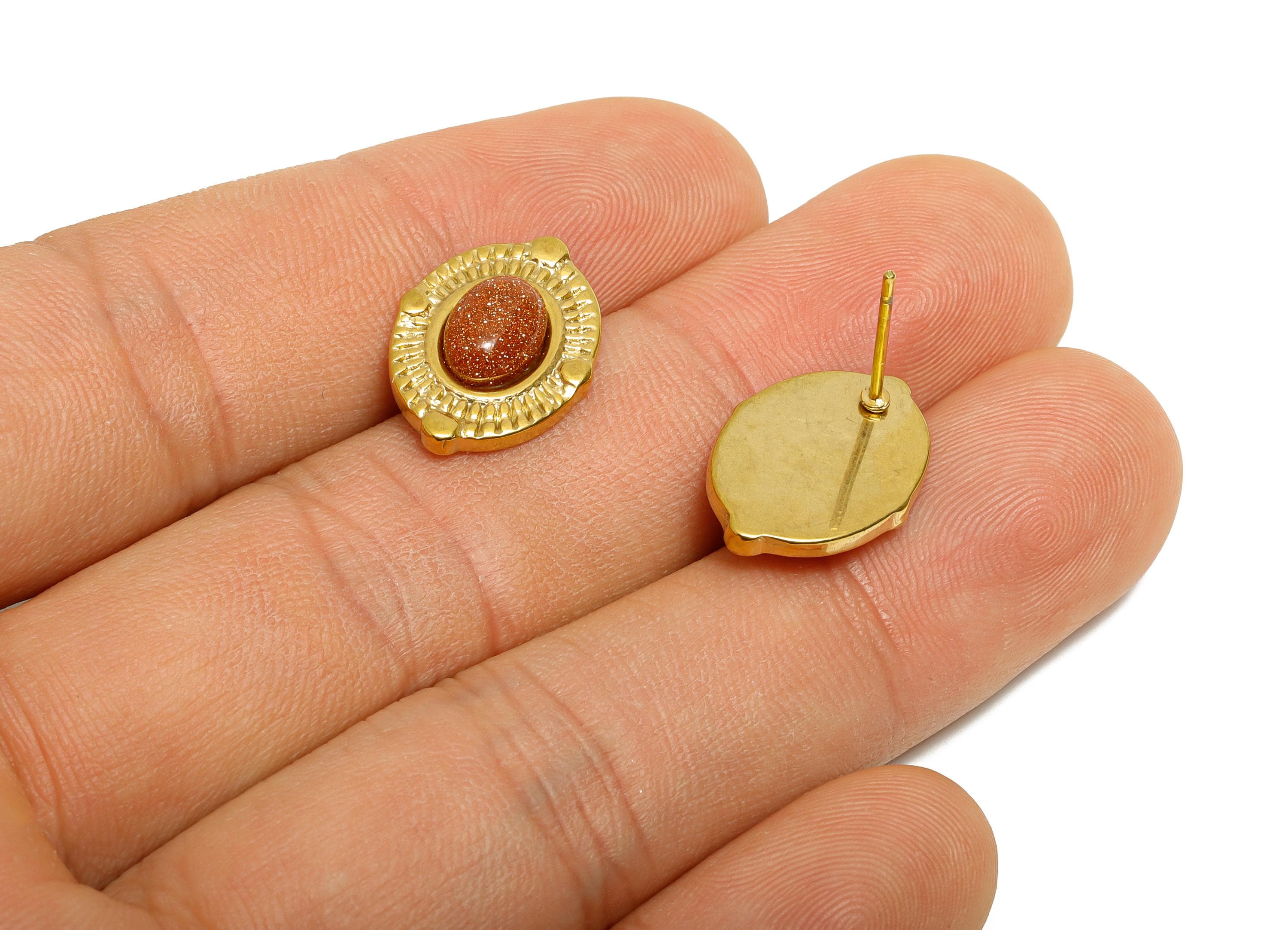 Steel Glid Stone Stud Earring - Vintage Look Stud Earring - Antique Style Cabochon Earring - 24K Real Vacuum Plating - 18x13x4mm - SS2776 - DOMEDBAZAAR