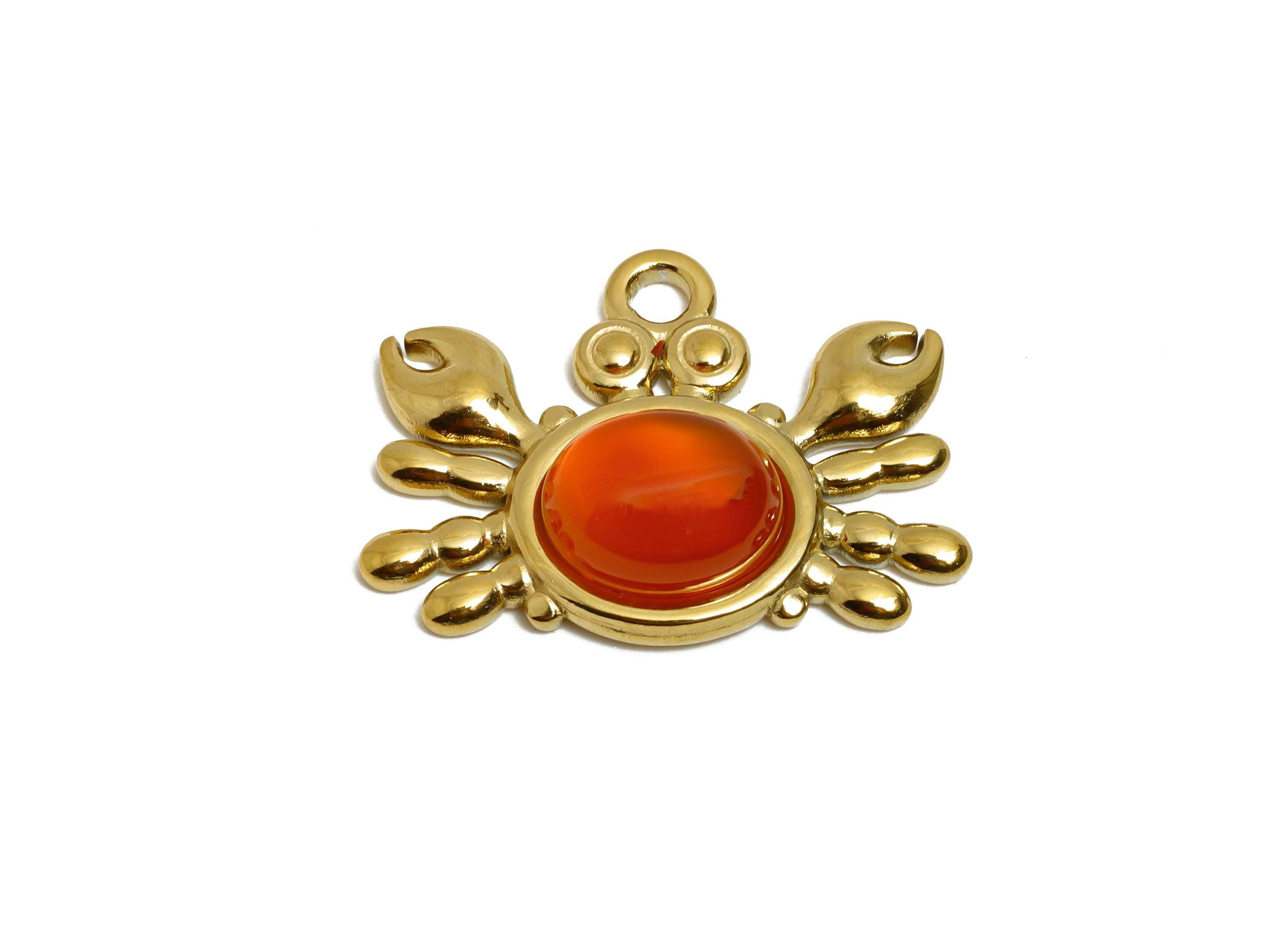 Steel Crab Pendant Charm - Red Agate Stone Vintage Pendant - Marine Life Steel Gemstone Charm - 24K Real Vacuum Plating - 19x24x5mm - SS2778 - DOMEDBAZAAR