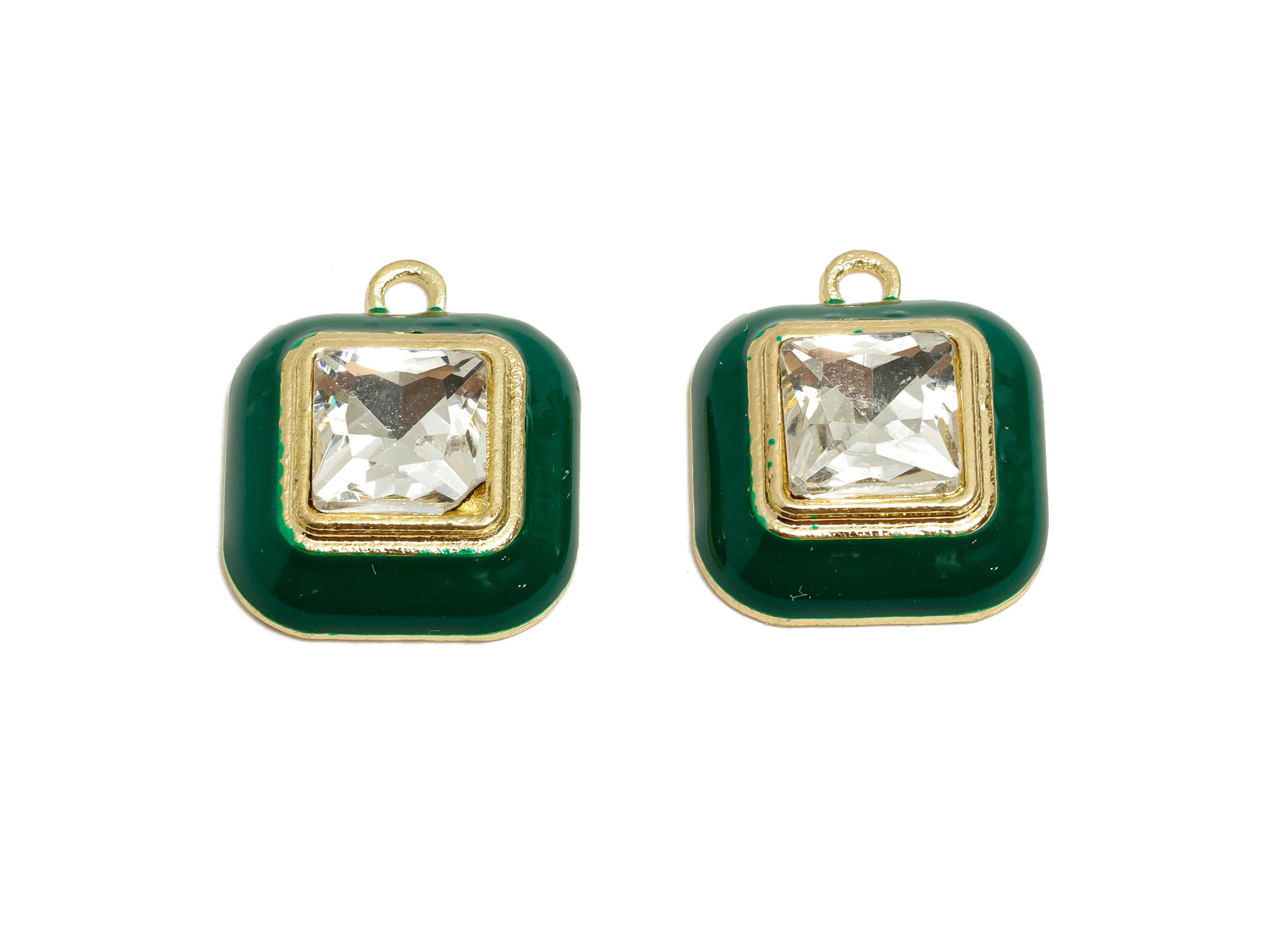 Alloy Square Green Enamel Pendant - Shinny Fashion Faceted Crystal Pendant - DIY Jewelry Supply - KC Gold Plated - 20x16.9x6.84mm - AC3544H - DOMEDBAZAAR