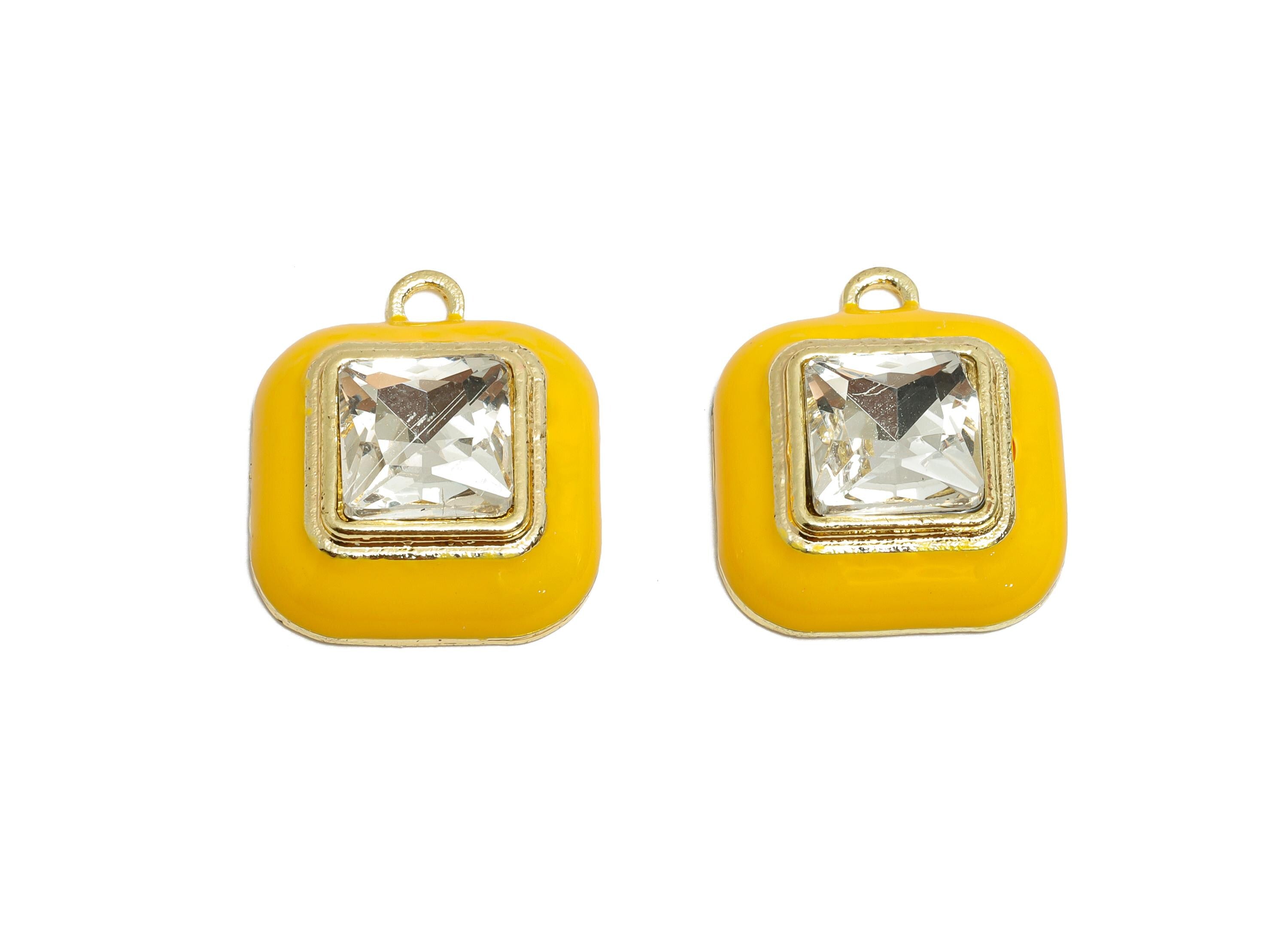 Alloy Square Yellow Enamel Pendant - Fashion Faceted Crystal Pendant - DIY Jewelry Supplies - KC Gold Tone Plated - 20x16.9x6.84mm - AC3544J - DOMEDBAZAAR