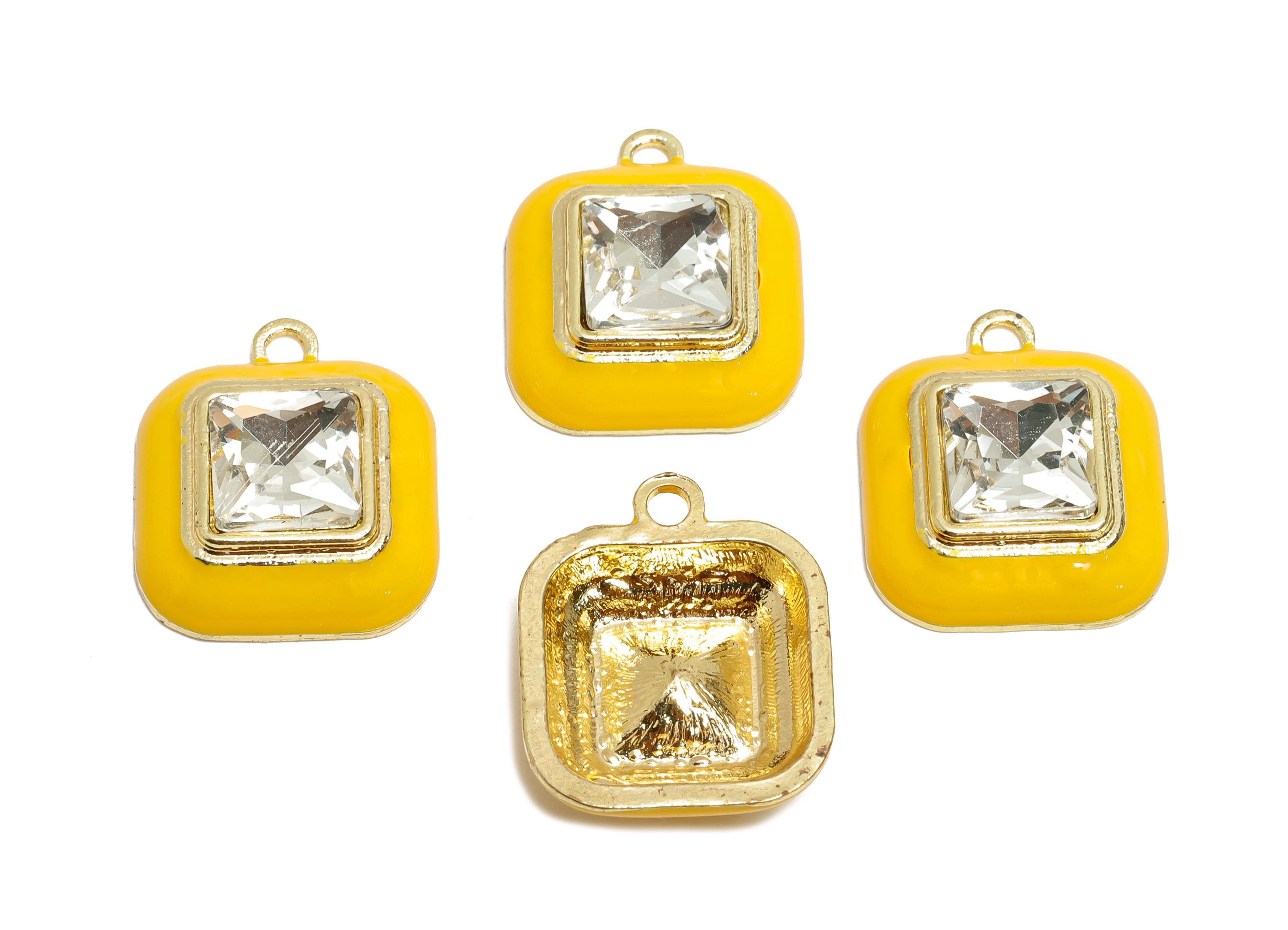 Alloy Square Yellow Enamel Pendant - Fashion Faceted Crystal Pendant - DIY Jewelry Supplies - KC Gold Tone Plated - 20x16.9x6.84mm - AC3544J - DOMEDBAZAAR