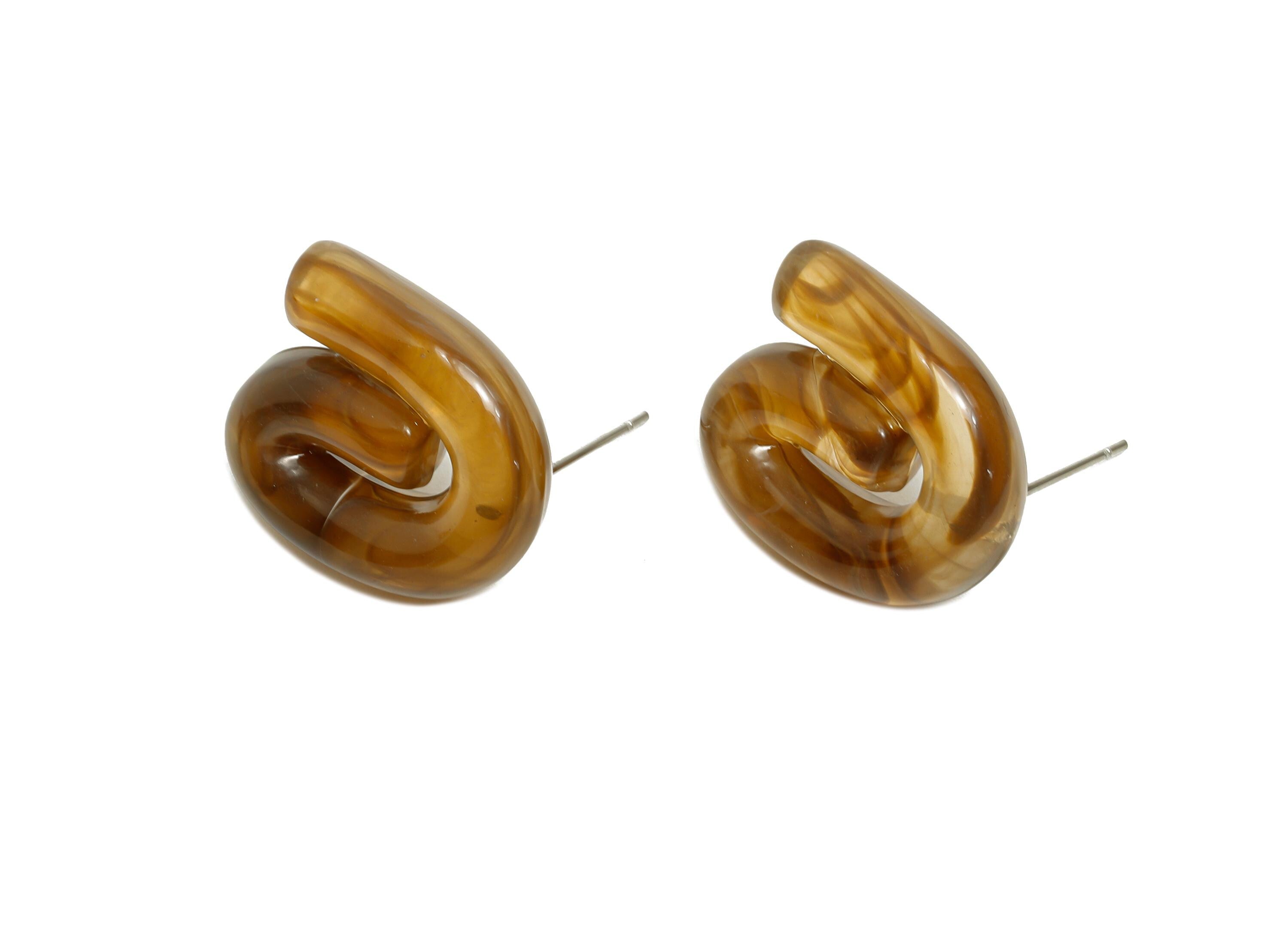 Acrylic Swirl Hoop Earring Stud - Lightweight Marbled Brown Earring Post - Modern Earring Stud - Bold Modern Jewelry - 19x16x5mm - AC3640D - DOMEDBAZAAR