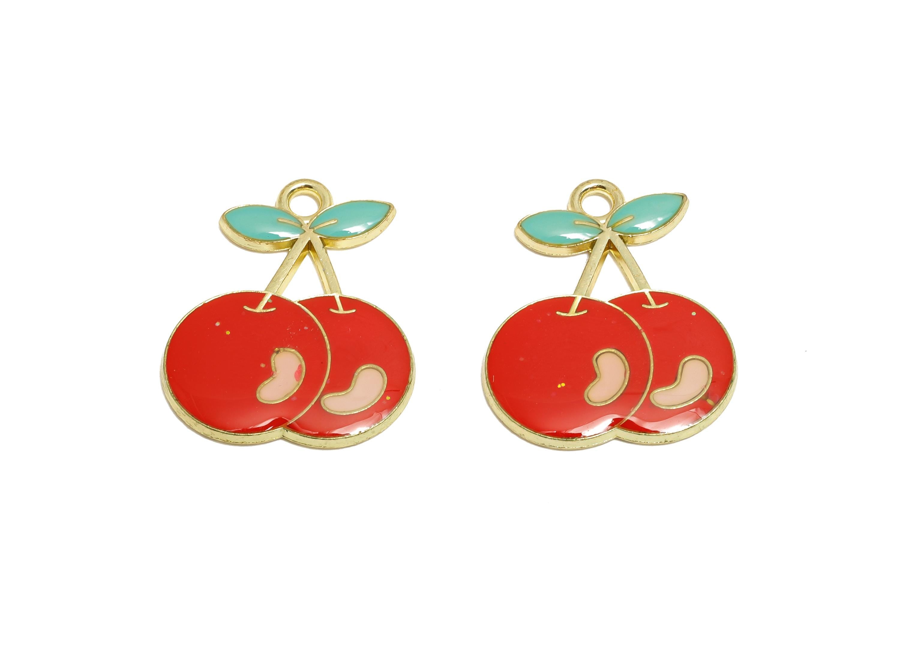 Alloy Red Enamel Cherry Pendant - Colorful Kawaii Jewelry Accessory - Enamel Fruit Accessory - Craft Jewelry Making - 13x11x3.44mm - AC3580B
