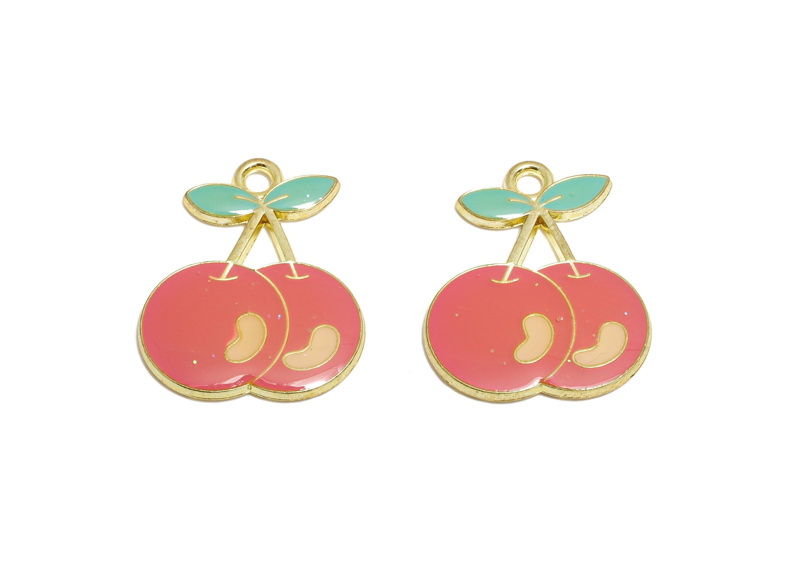 Alloy Pink Enamel Cherry Pendant - Colorful Kawaii Jewelry Accessory - Enamel Fruit Accessory - Craft Jewelry Making - 10x8x4.94mm - AC3580C