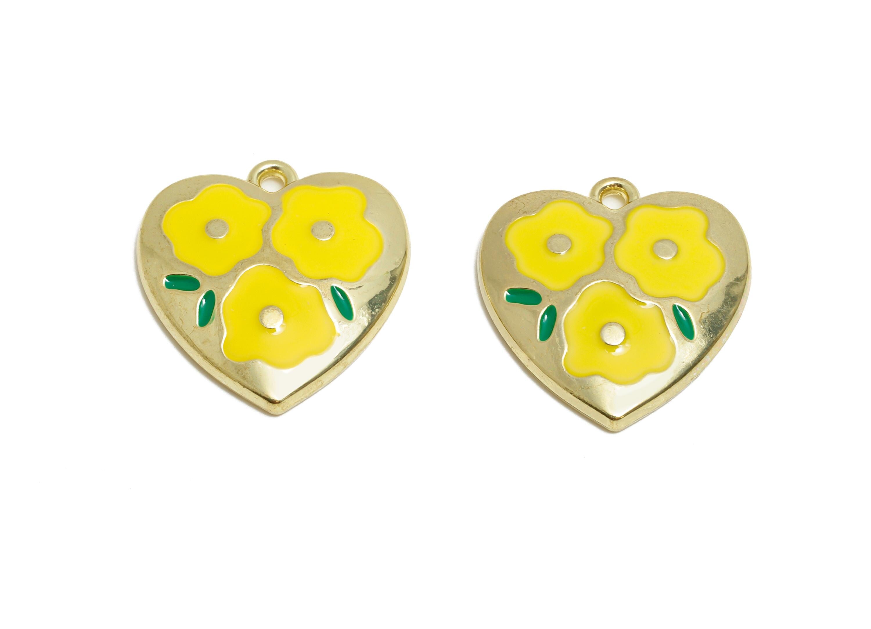 Alloy Enamel Flower Pendant - Colorful Heart Yellow Floral Jewelry - Romantic Heart Pendant - Craft Jewelry Making - 19x18x3.32mm - AC3577A