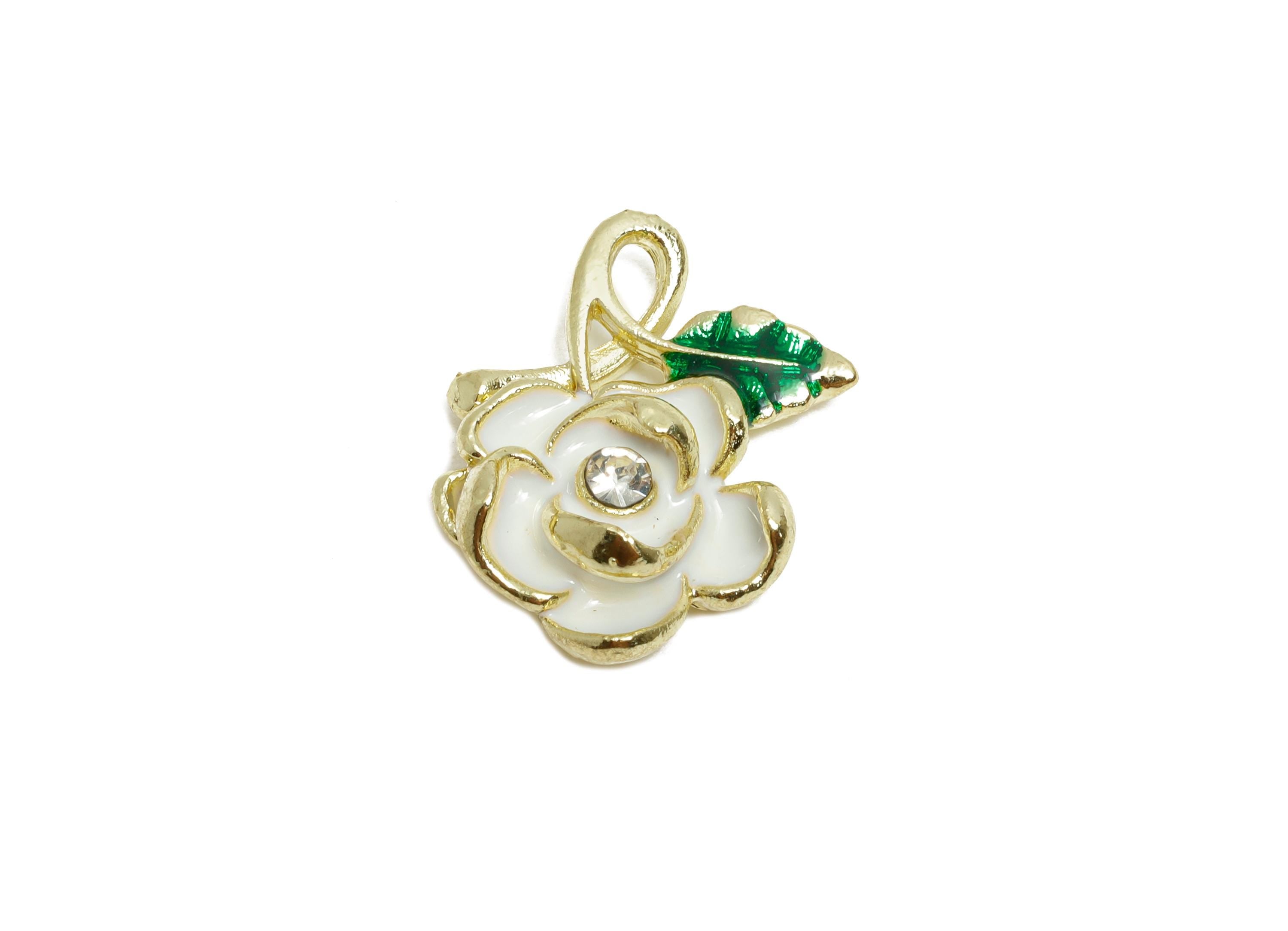 Alloy Enamel Flower Pendant - Vintage Crystal White Rose Charm - Romantic DIY Rose Jewelry - Craft Jewelry Making - 18x14.36x5.17mm - AC3571